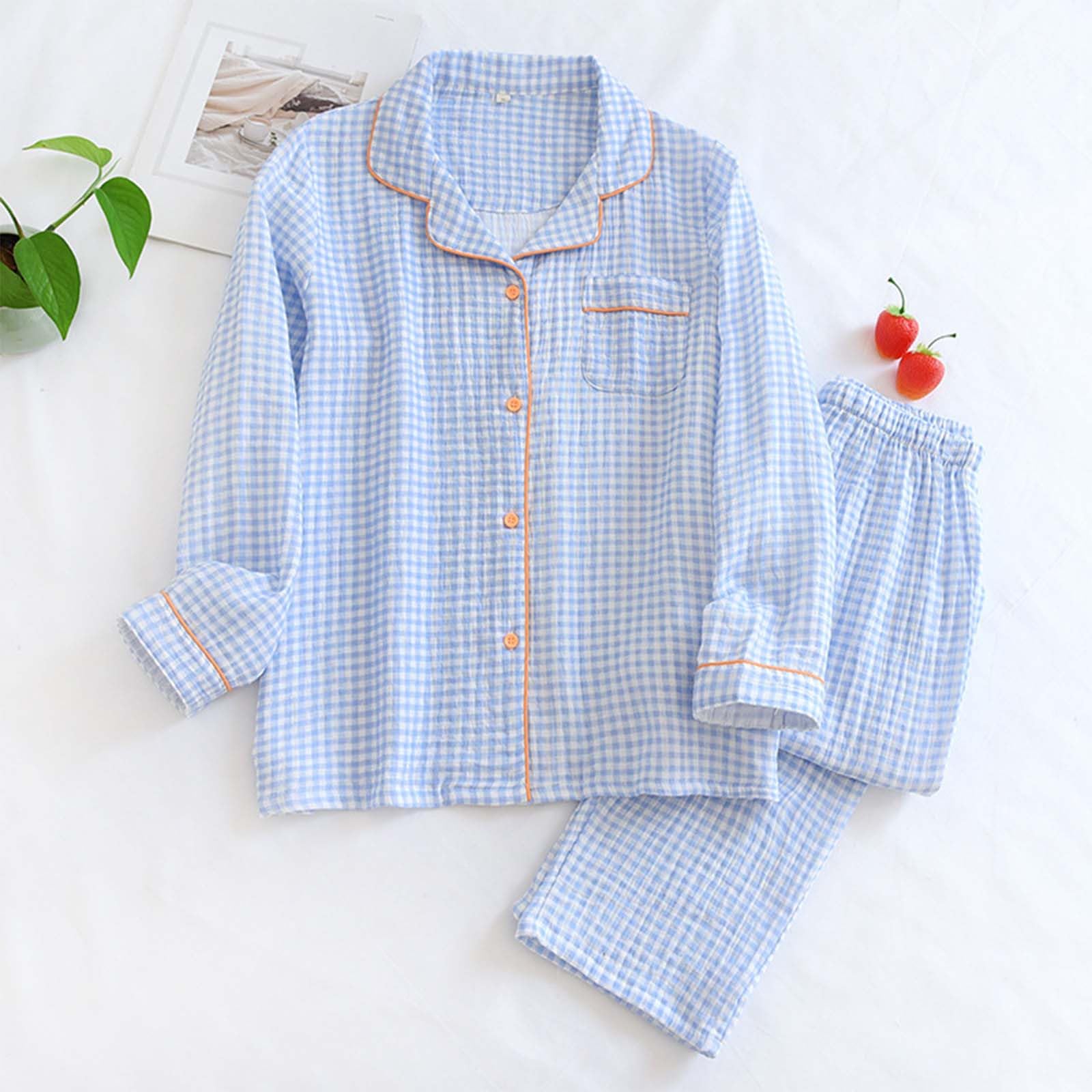 Home Pyjama long en flanelle pour femme 100 % coton en flanelle 2 pièces pour femme - Col en V - Couleur unie - Doux