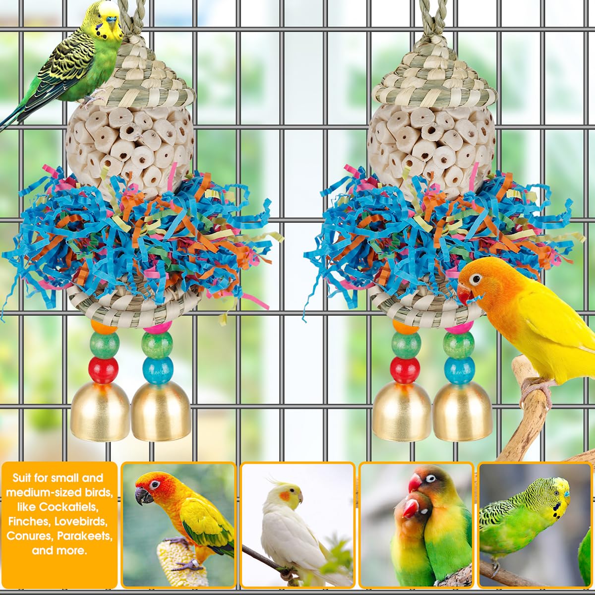 BBjinronjy 2PCS Bird Toys Parrot Foraging Shredder Hanging Toys Sola Balls with Bell for Small Parrots Parakeets, Cockatiel - Image 2