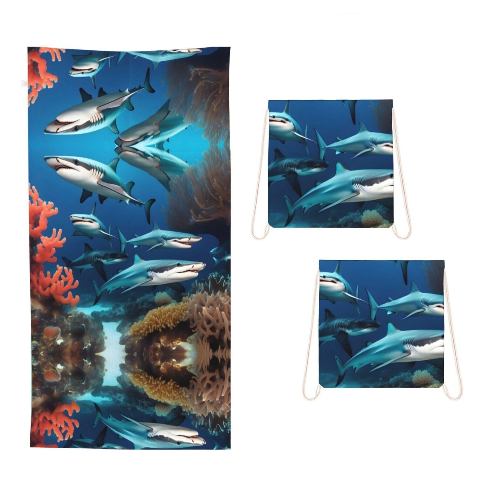CNTDBU Submarine shark coral 2 in 1 Packable Towel Bag-Large Beach Towel with Stuff Sack, Super Absorbent Microfiber Travel Towel for Pool