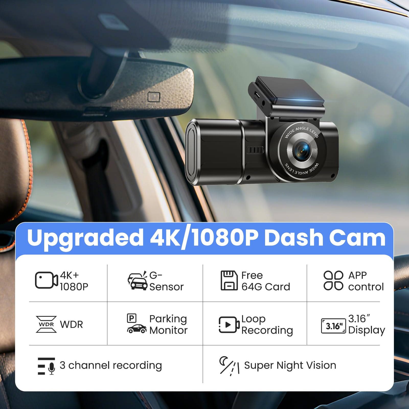 Dashcam Auto Vorne Hinten 4K+1080P mit GPS WiFi,3 Channel 1080P Dash Cam Auto Kamera 3,16" IPS Bildschirm,Kostenlose 64 GB Karte,Nachtsicht,G Sensor,Loop-Aufnahme,200°Weitwinkel WDR,Parküberwachung