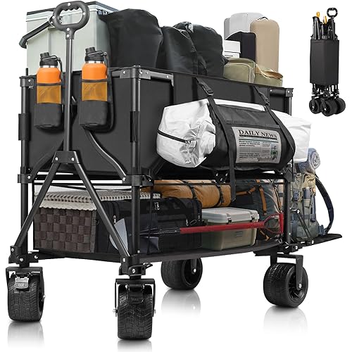 Double Decker Wagon Heavy Duty Collapsible, 600LBS 400L Capacity Foldable Utility Cart with Big Wheels for Beach, Outdoor, Camping & Gardening, Durable Steel Frame