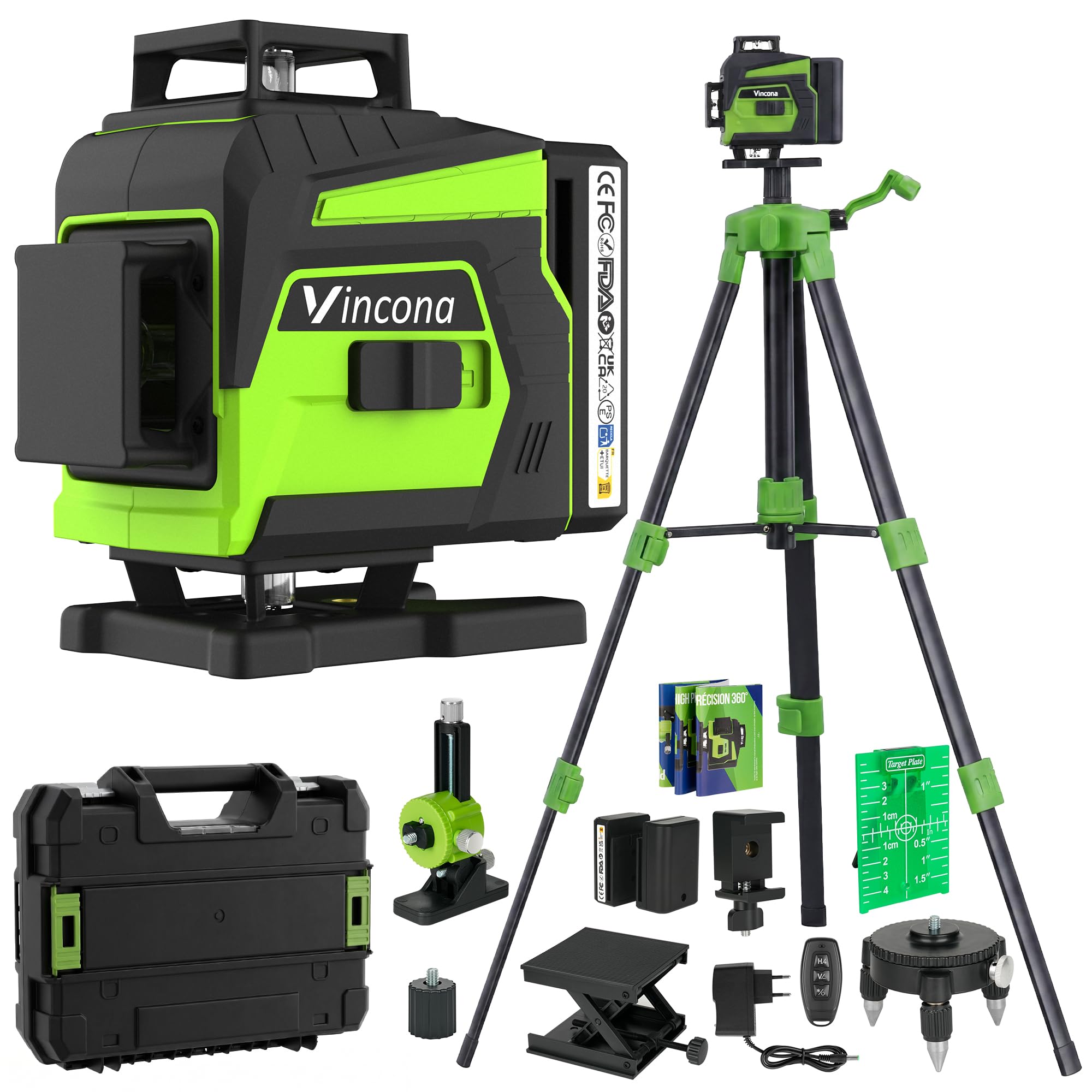 Vincona Kreuzlinienlaser Grün, Laser Wasserwaage 4 x 360 °