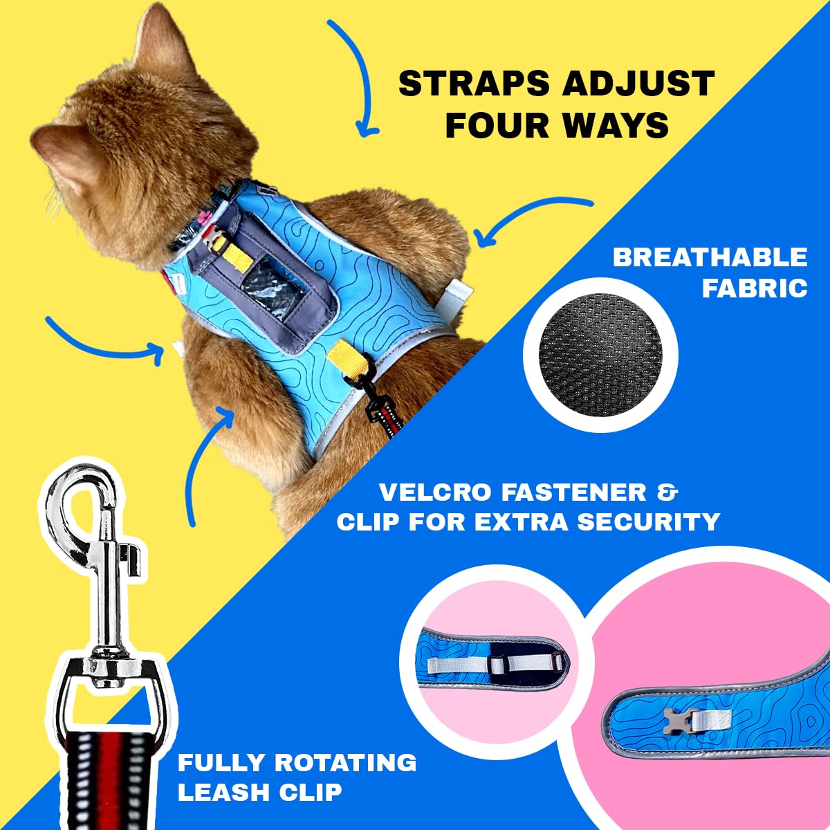 Travel CAT The Pathfinder - Arnés para gatos con bolsillo para rastreador GPS, alimentado por Tractive Cat a prueba de escapes, arnés a prueba de escape para gatos pequeños y grandes (azul, pequeño)