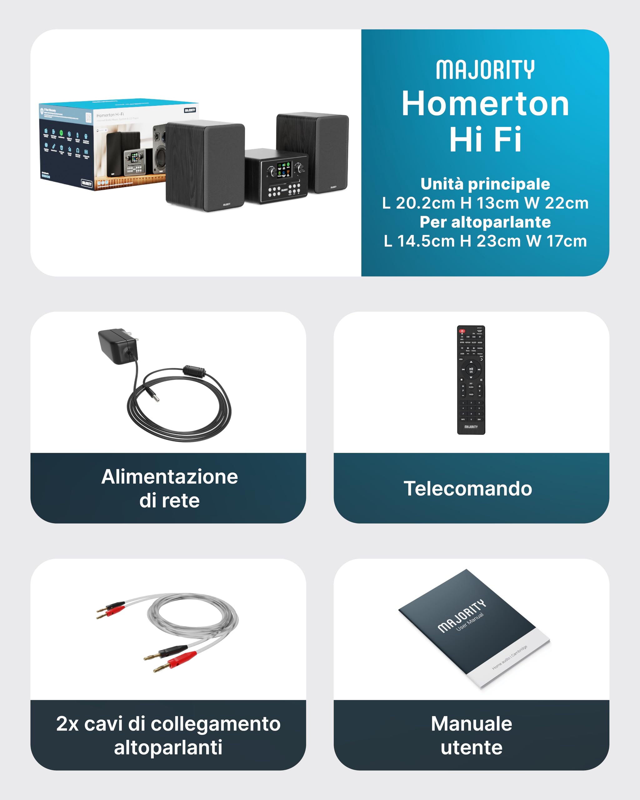 MAJORITY Homerton HiFi Impianto Stereo Casa Radio DAB/DAB+ FM Internet Radio Lettore CD Bluetooth 5.3 WiFi Dual Band Spotify Connect