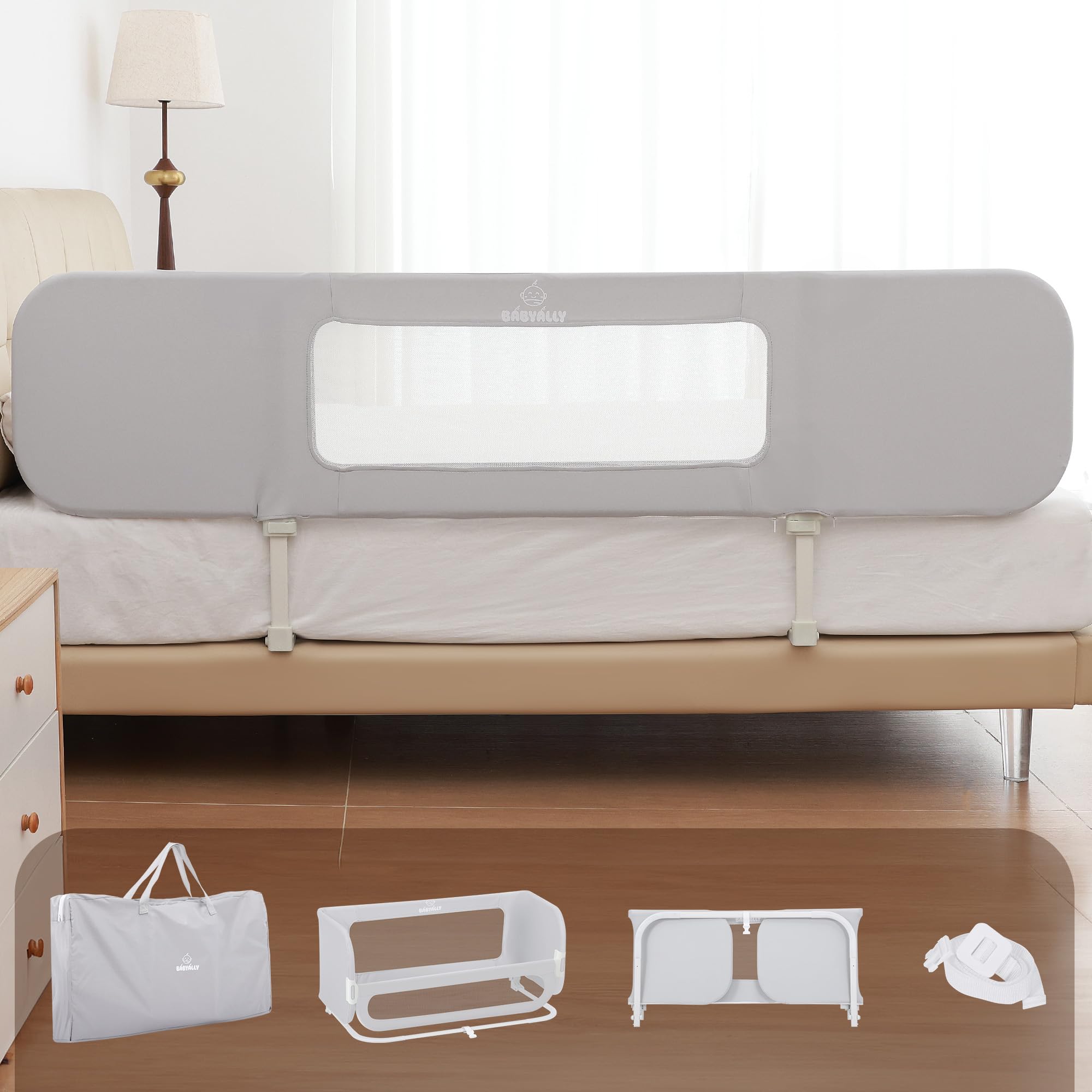 2 en 1 Barrera de Cama Abatible 185cm, Cuna Colecho con Bolsa de Transporte Viaje para Viajar o Vacaciones - Sin instalación, Fácil de Transportar - Gris
