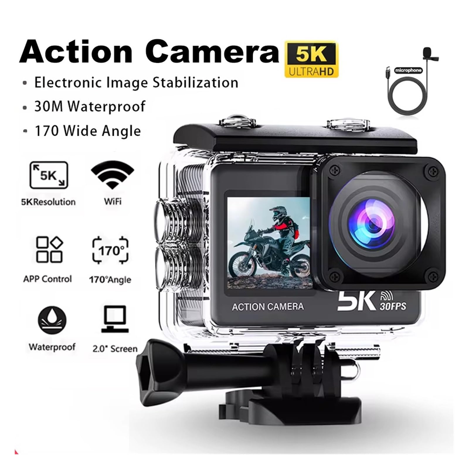 Action Camera 5K 4K 60FPS EIS WiFi Doppio Schermo 170D Touch Screen Da 2,0 Pollici 30M Fotocamera Sportiva Impermeabile Con Telecomando(64GB Card)