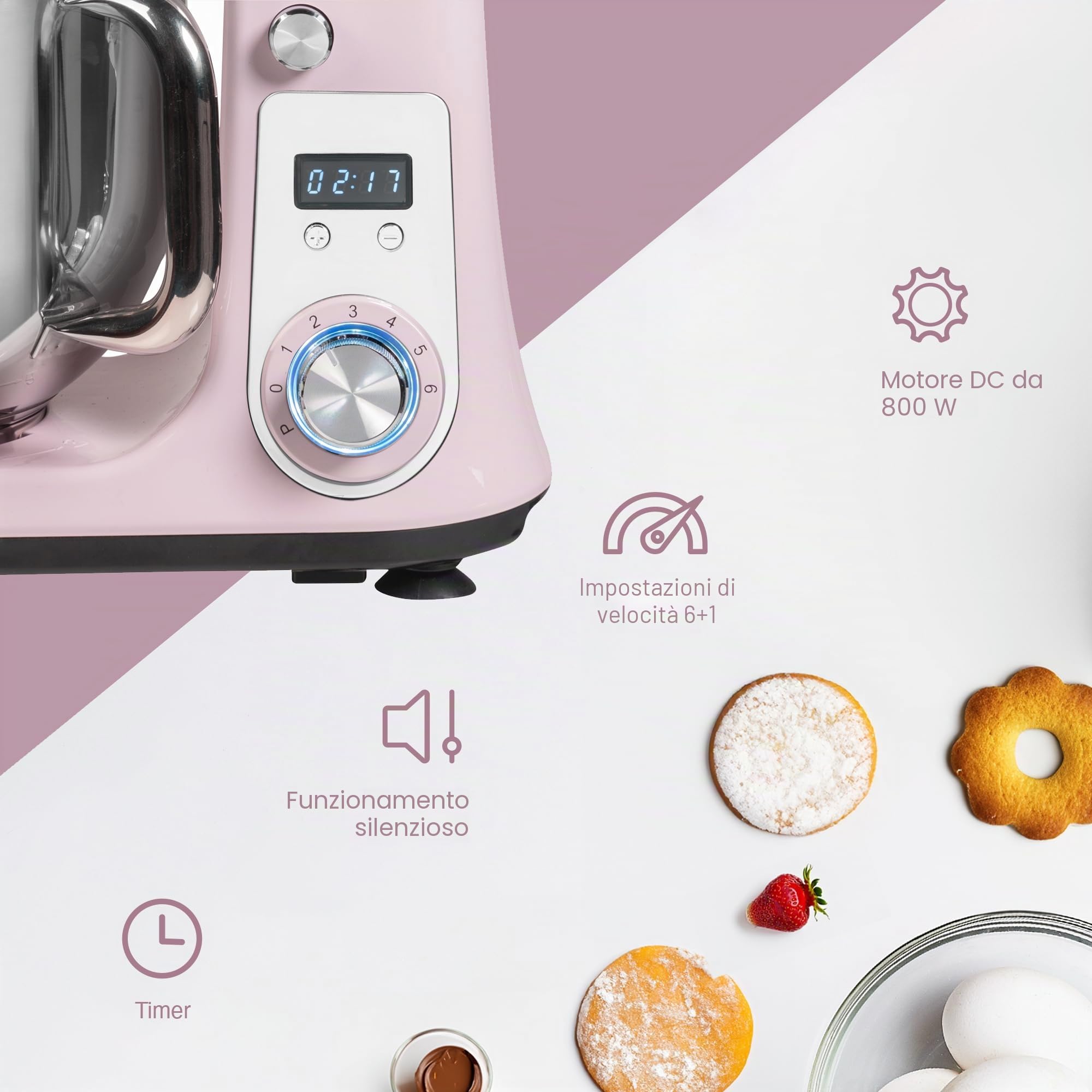 Bestron Robot da cucina Super Silent (65db) 4-1 robot da cucina con motore DC, ciotola da 6 litri, con gancio per impastare, frusta e mazza per impasto, 6 livelli di velocità + funzione impulsi,