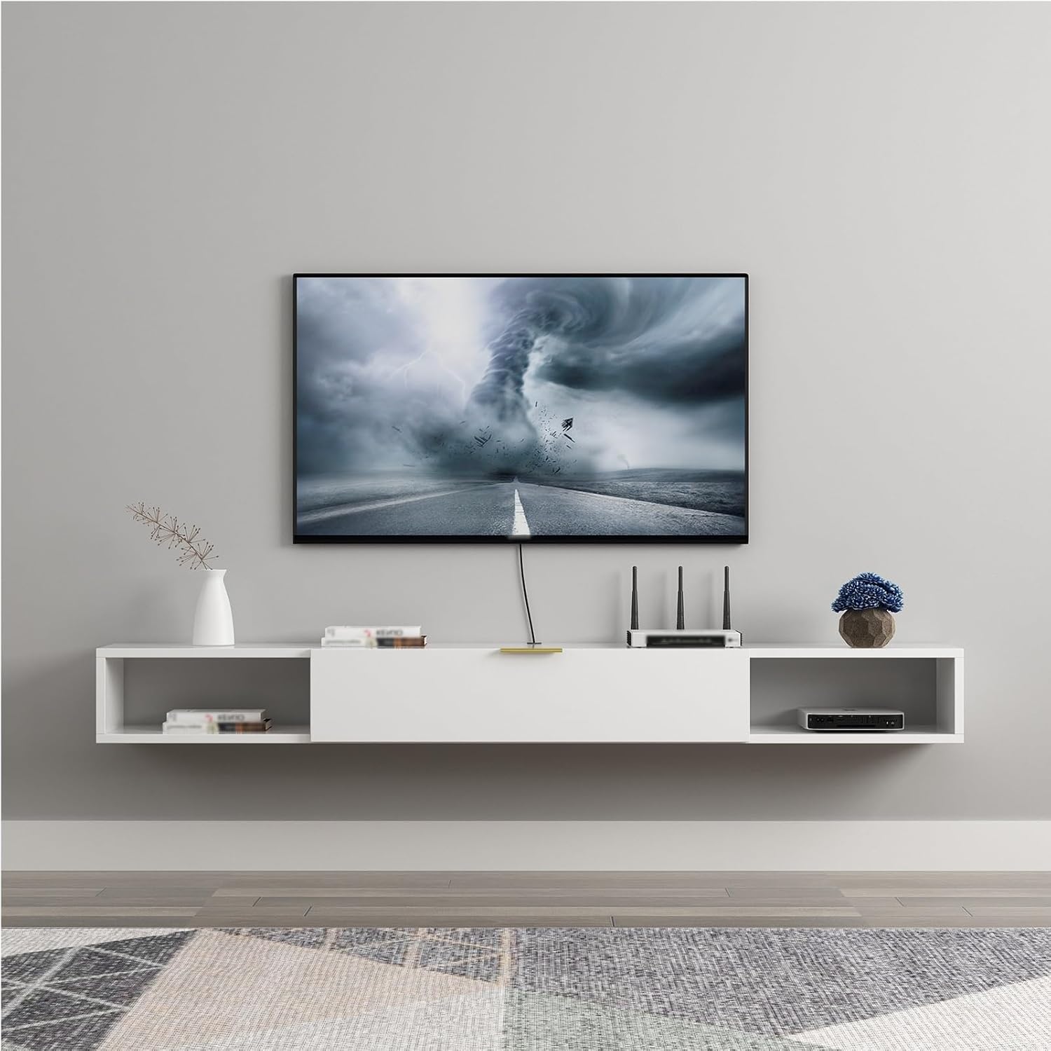 Modern Wall-Mounted Floating TV Stand with Drawers - Stylish White Media Console & Entertainment Center, Space-Saving Wood Shelf for Living Room, 120x20x18 Inches.