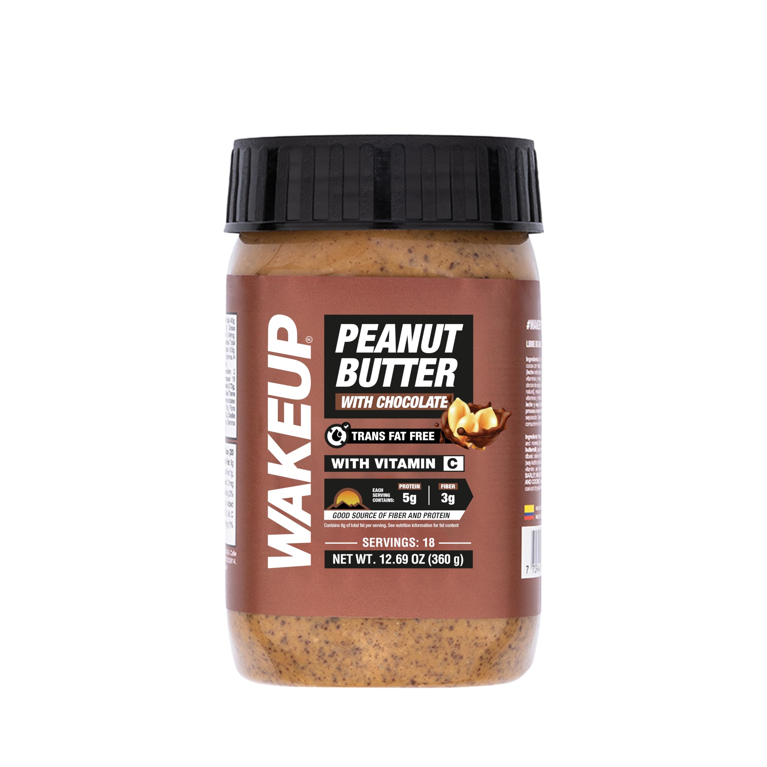 WAKEUP Peanut Butter | Chocolate | 360g. | Protein-rich, High Fiber & Vitamin C, Naturally Trans Fat Free, Energy-boosting, Low Sodium. Allergens: Peanuts, Soy, Gluten. May contain traces of Egg, Milk, and Tree Nuts.