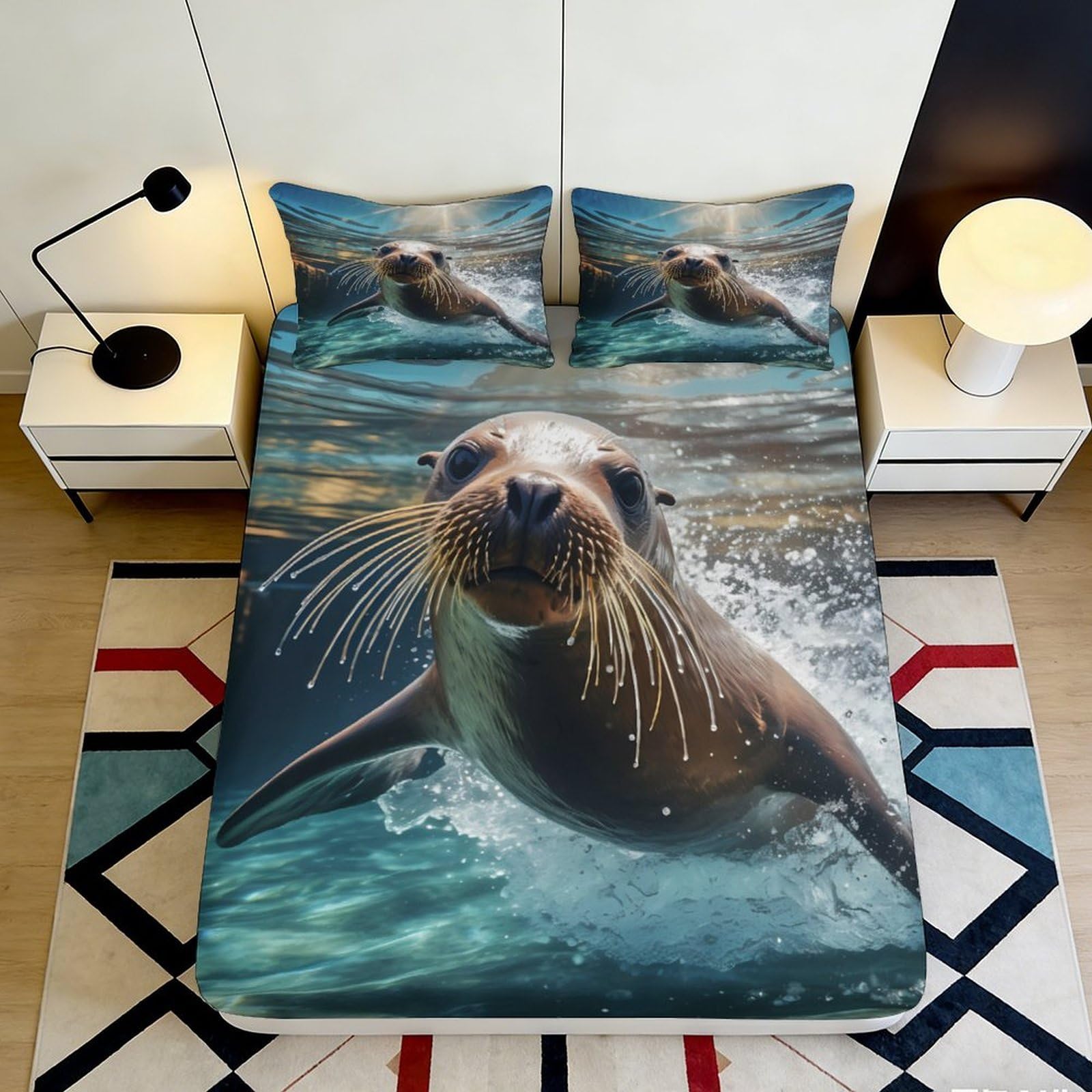 3D Printed Sea Lion Ocean Fitted Sheet Microfiber Soft Anti-slip Bed Cover for Bedroom Guest Room Decor 90x200x25cm