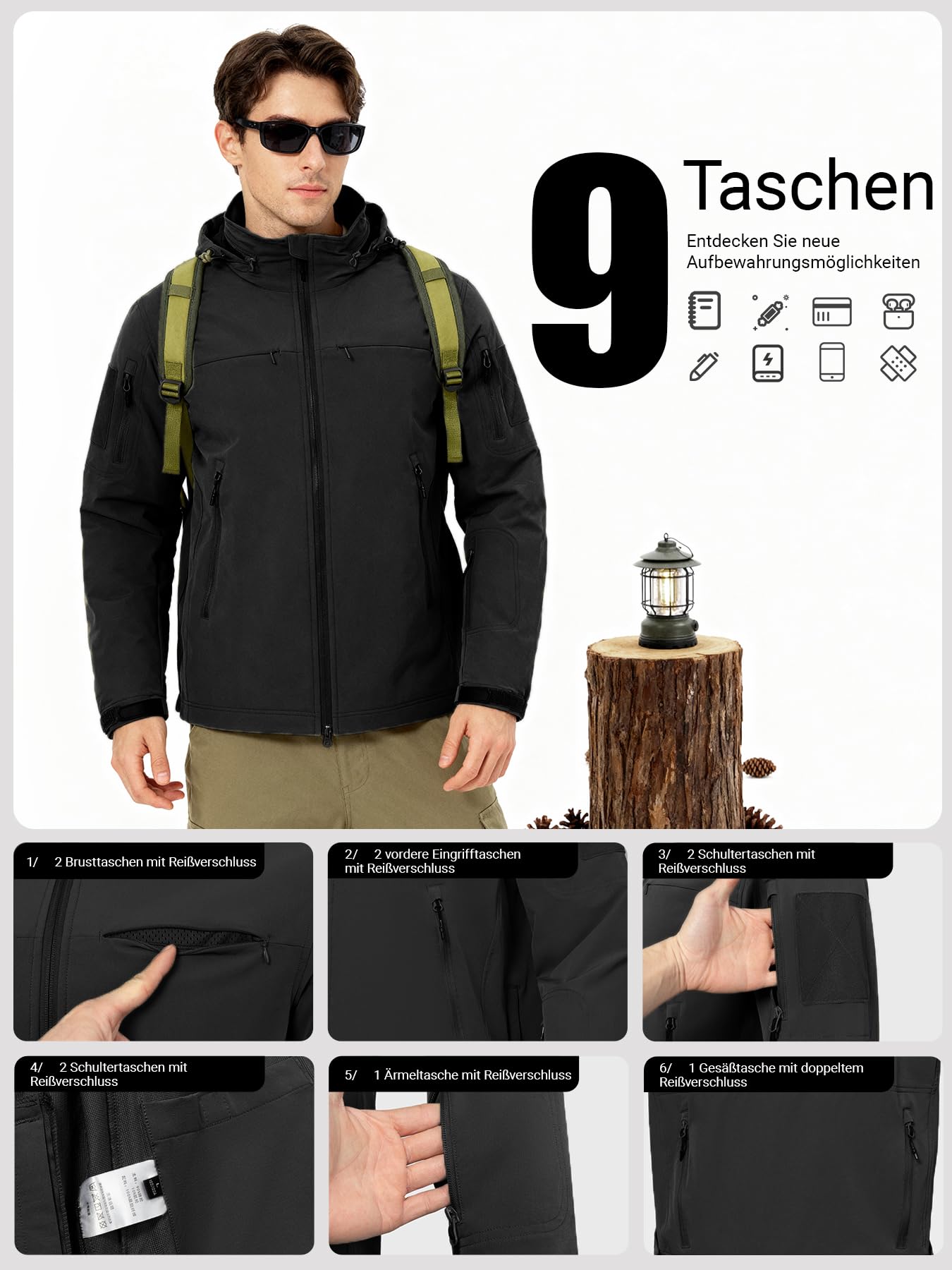 Jacke Herren Leichte Taktikjacke mit Kapuze Softshelljacke 9 Taschen Wasserabweisend Atmungsaktiv Winddichte Wandern Camping Laufen
