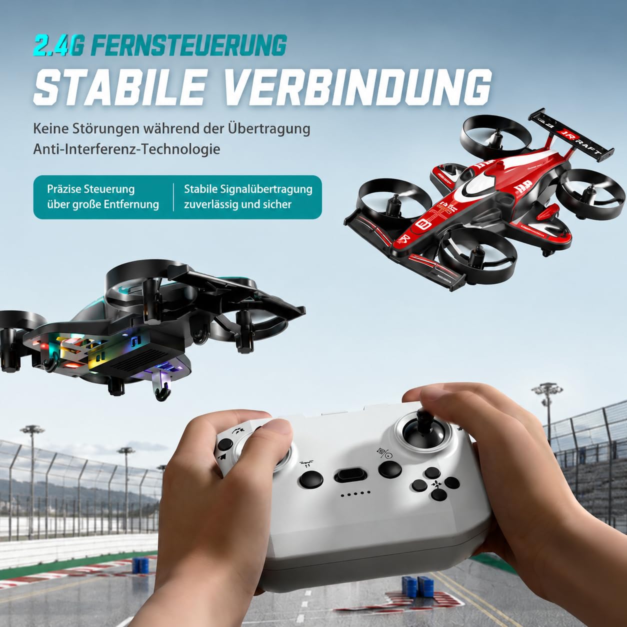 Mini drone RC 2 in 1 per bambini – rosso, modalità volo e pavimento, apertura a 360°, altezza 3 velocità, luci LED, avvio a tasto, rosso