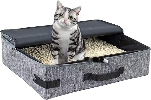 Miniatura 1 de Caja de arena de viaje para gatos con tapa y asa portátil  Caja de arena de viaje plegable impermeable para gatos, suave estándar portátil plegable