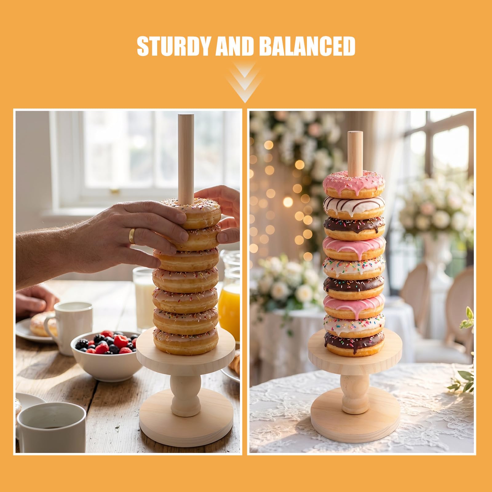4 soportes apilables de madera para donuts, soporte reutilizable para exhibir en panadería, bollos, muffins y pasteles, ideal para decoración de eventos de cumpleaños.