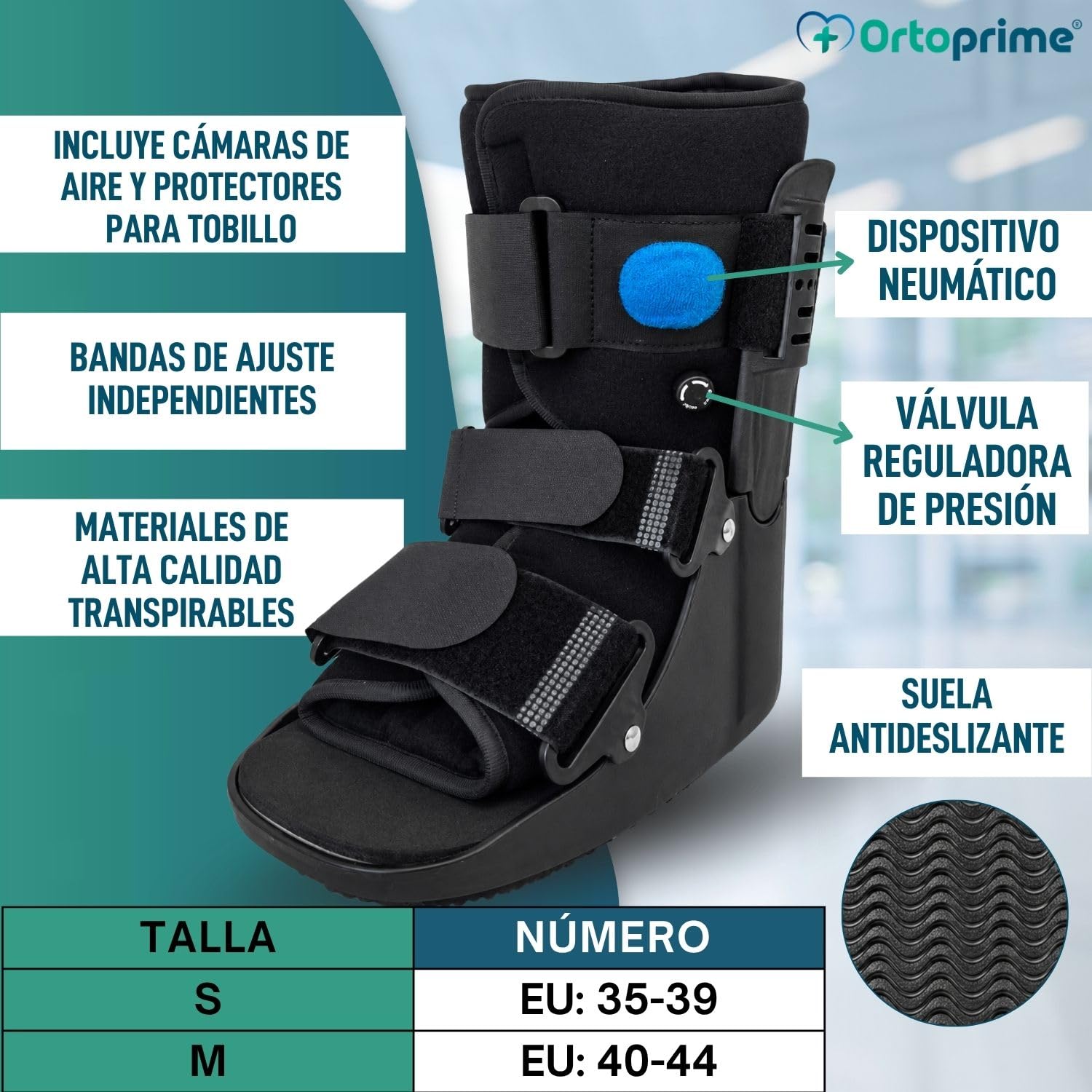 OrtoPrime Bota Walker Corta Fija BILATERAL con CÁMARA DE AIRE Walker Bota Ortopedica Esguince Tobillo - Bota Ortopedica Walker UNISEX Bota Fractura Inmovilizadora de Tobillo NEUMÁTICA (S 35-39)