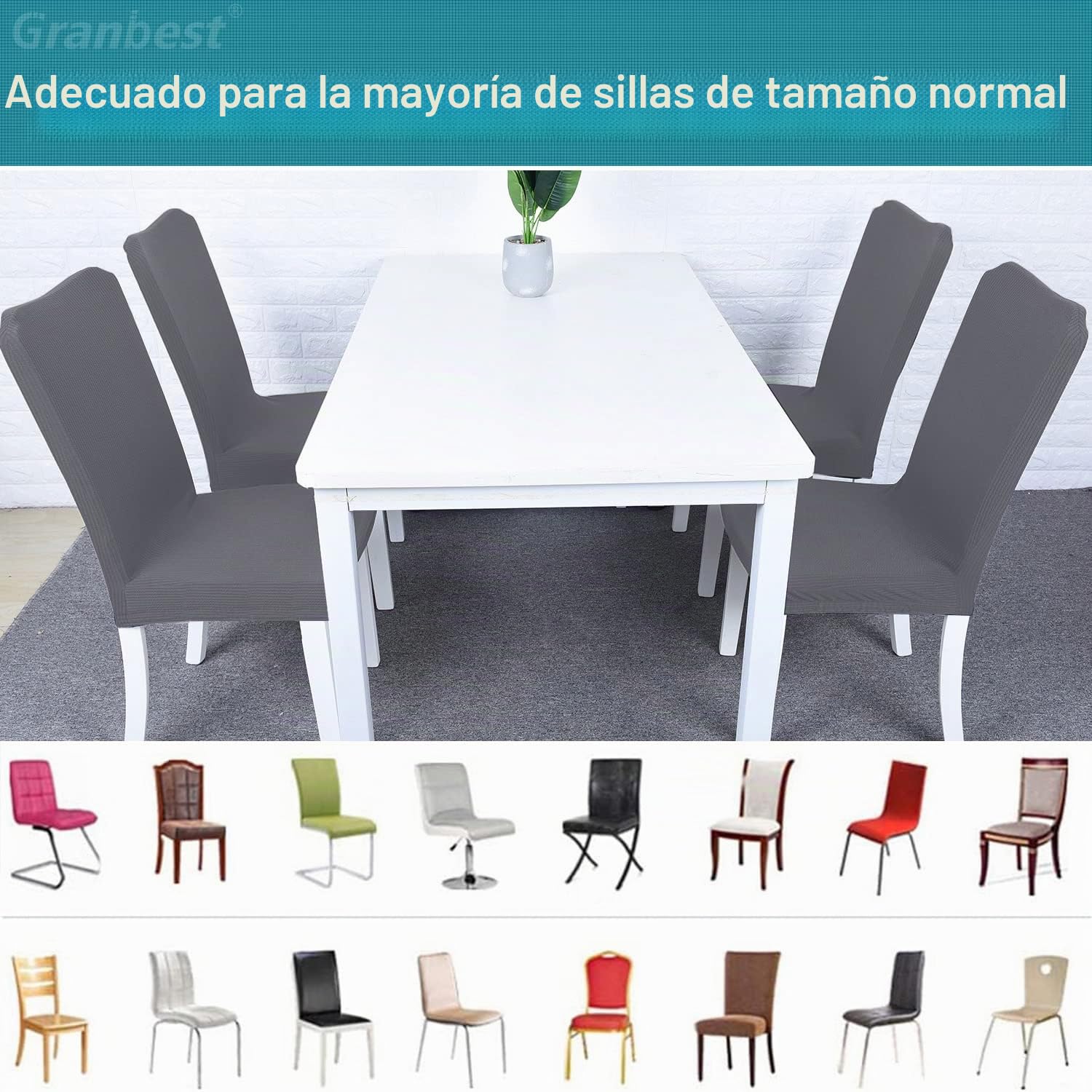 Granbest Juego de 6 Fundas para sillas de Comedor Impermeables, Fundas elásticas para sillas de Comedor, Lavables y extraíbles para Banquetes, Cocina, Fiesta, Hotel (Gris, Paquete de 6)