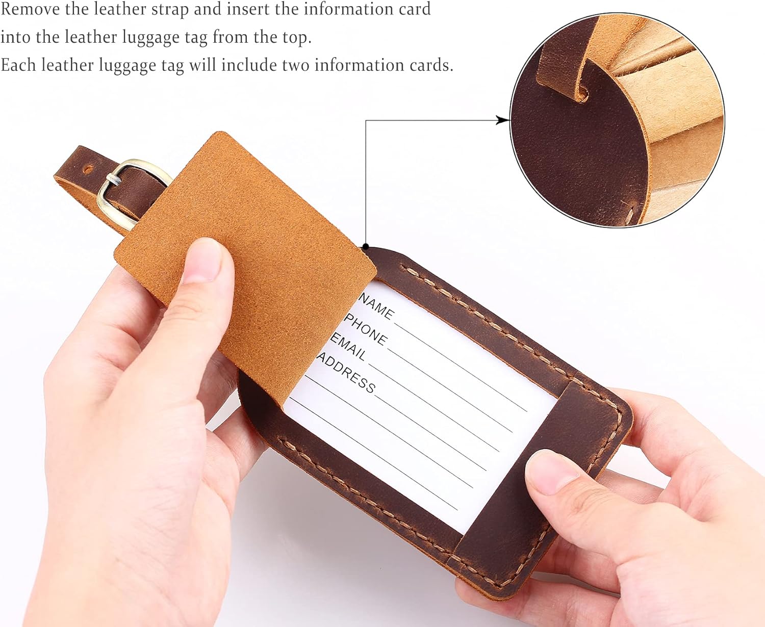 2 Pack Premium Name Tags for Luggage, Leather Luggage Travel Bag Tags by Fasjosma, Luggage Bag Case Tags Leather Travel ID Labels for Suitcases (Brown) - Image 6