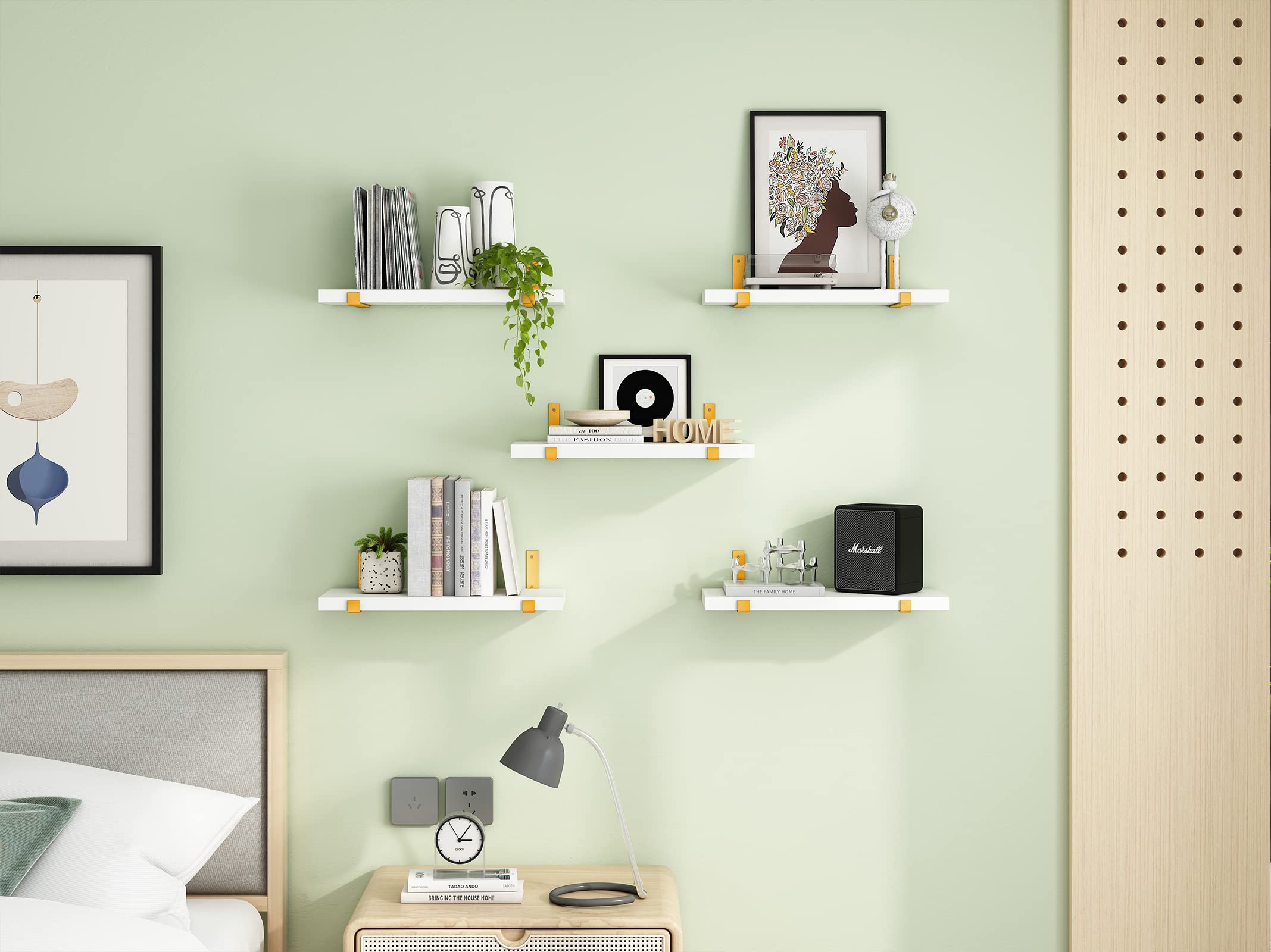 YGEOMER Floating Shelves, Set of 8, Rustic Wall Shelves, Wood Floating Shelf for Bedroom, Living Room, Book and Bathroom (White Gold)