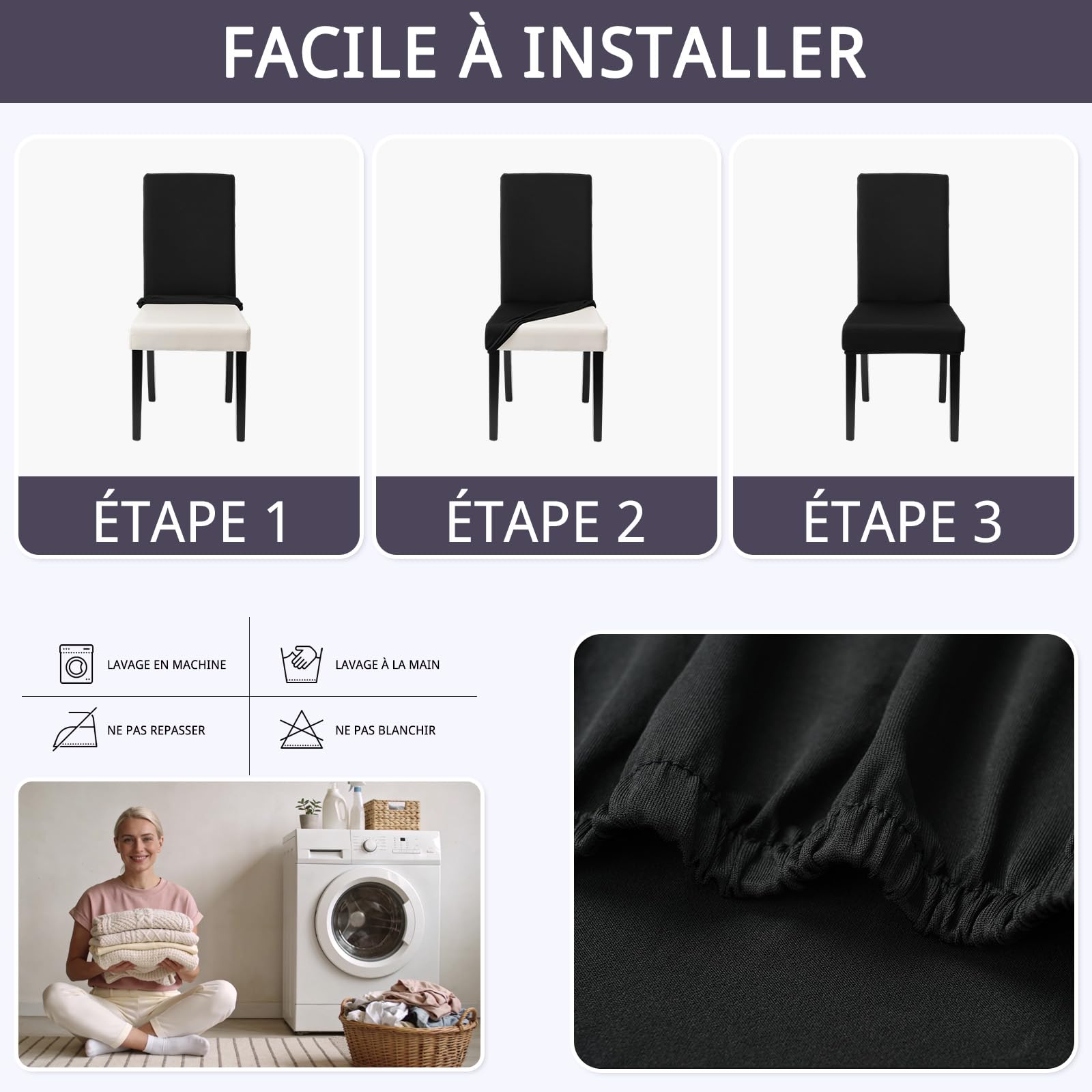 GFCC Housse de Chaise Lot de 2 Extensible, Bande Élastique, Recouvre Chaises Noir