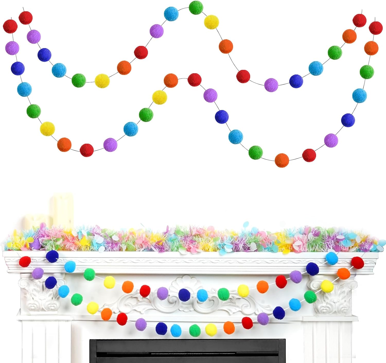 2pk Rainbow Color Pom Pom Garland 13FT Colorful Large Felt Ball Garland for Mantle,Indoor Holiday Wedding Birthday Party Supplies