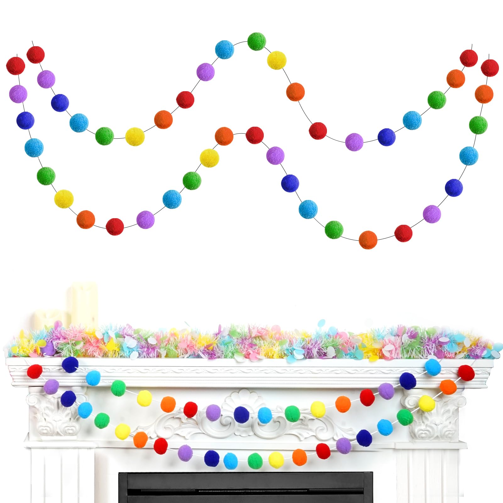 2pk Rainbow Color Pom Pom Garland 13FT Colorful Large Felt Ball Garland for Mantle,Indoor Holiday Wedding Birthday Party Supplies