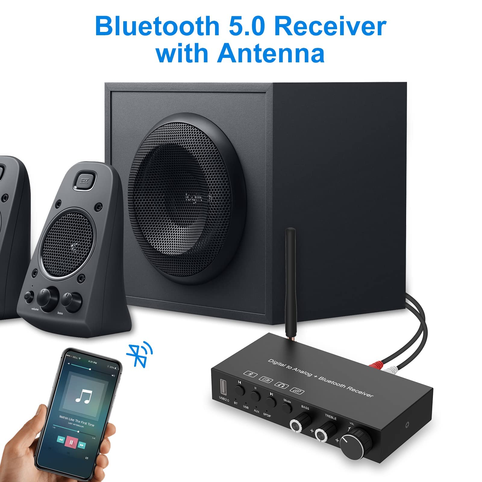 Convertidor digital a analógico USB de 192 KHz DAC con amplificador de auriculares receptor Bluetooth V5.0 integrado, volumen ajustable, SPDIF TOSLINK digital a estéreo L/R y conector de 3.5 mm
