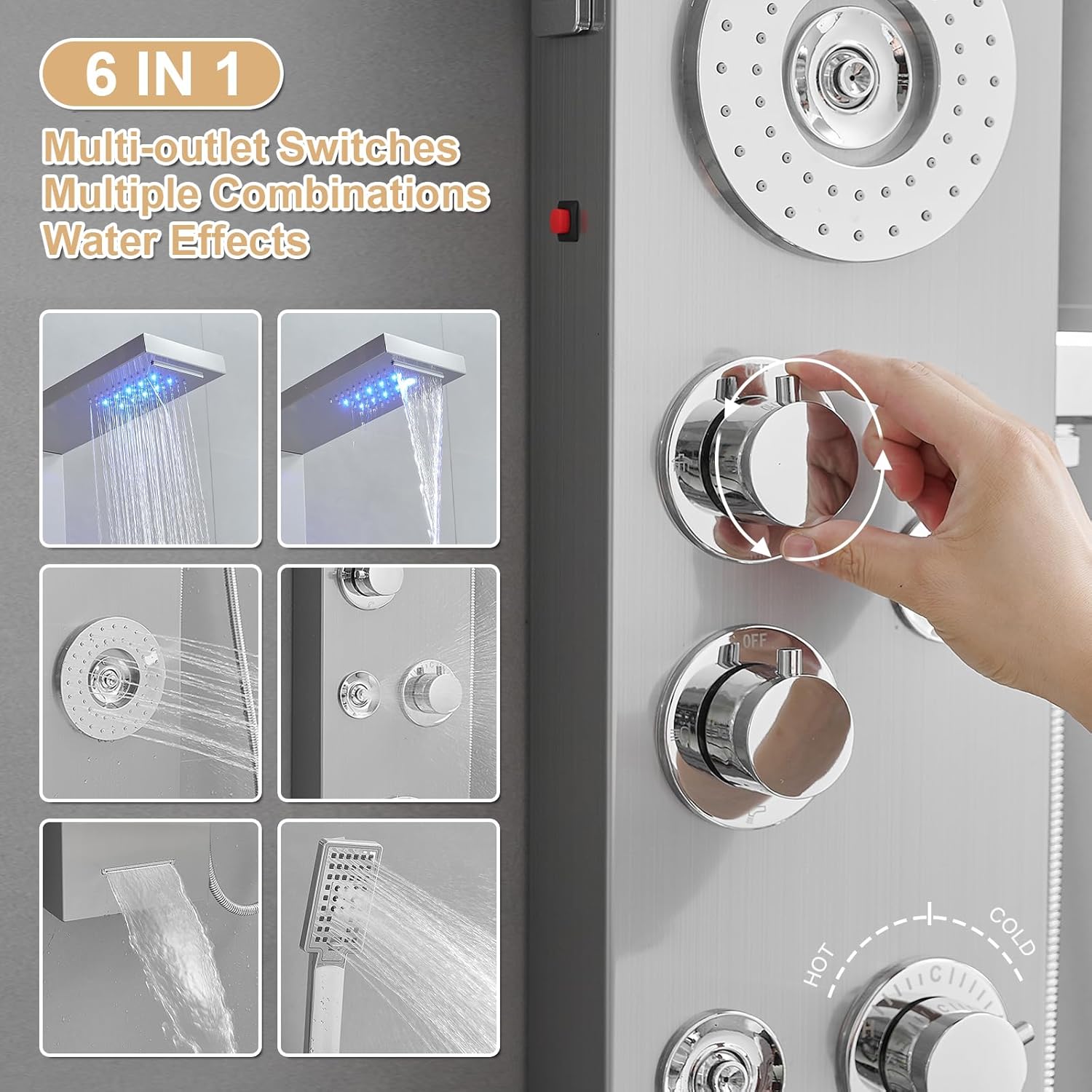 6 in 1 Shower Panel Tower System, Rainfall Shower Tower Systems w/LED and Digital Display Stainless Steel Shower Panels with Waterfall Tub Spout Massage Jets Handheld Head Nickel and Chrome