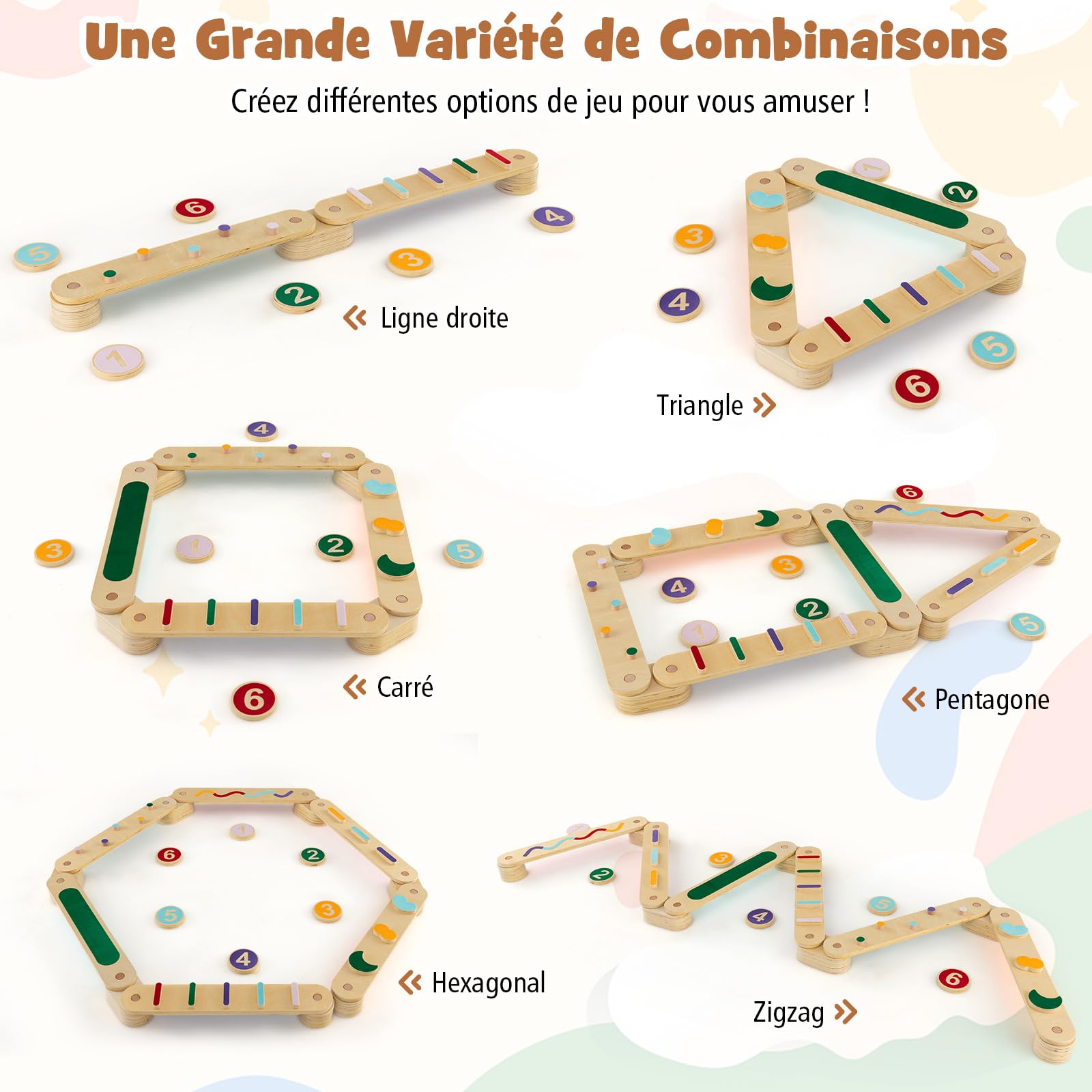 GOPLUS Poutre d'Equilibre Enfants, Poutre d'Equilibre Montessori Bois avec Tremplins, Double Face, Combinaison Libre, Parcours d'Obstacles pour Enfants 1 Ans,Charge 60KG Multicolore