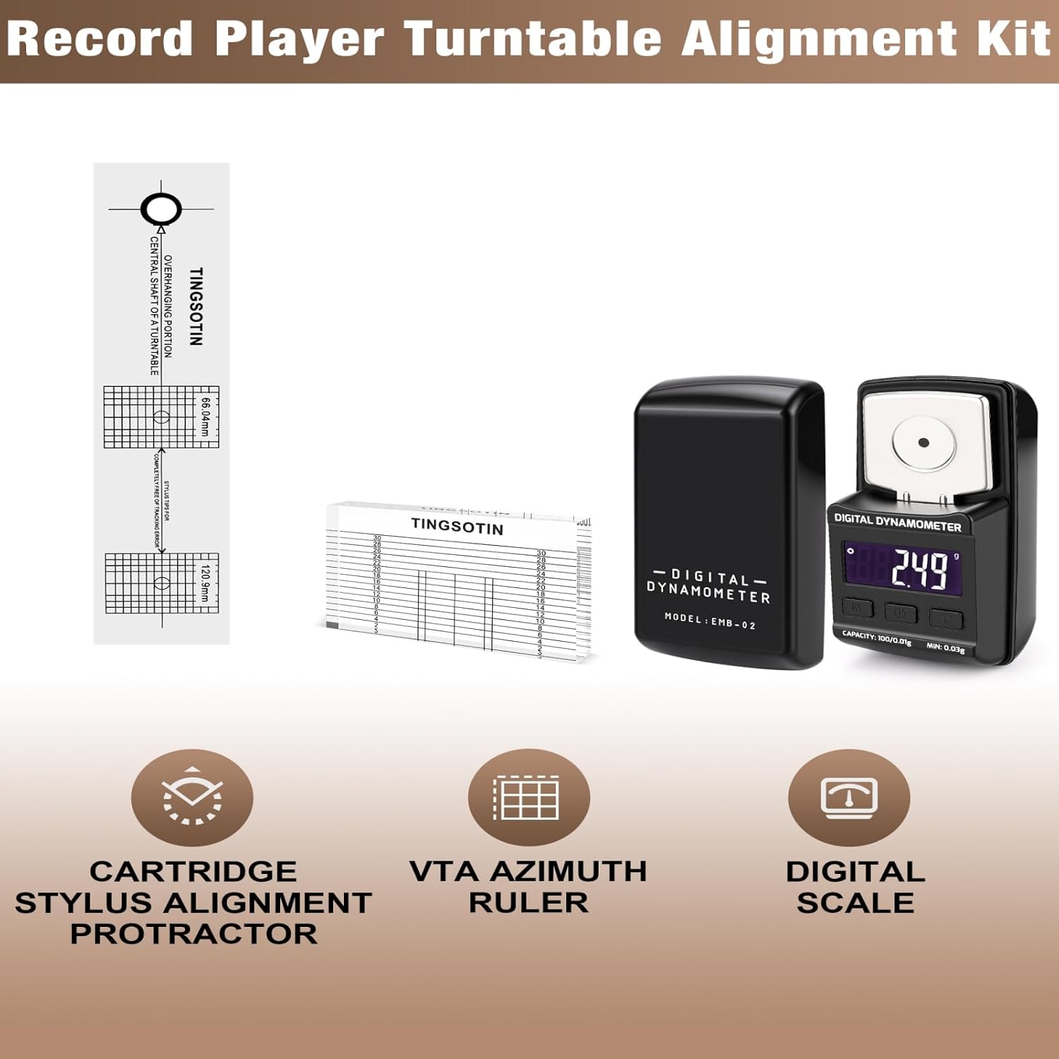 Turntable Cartridge Alignment Kit, Record Player Setup Tool with Digital Stylus Force Scale, Azimuth Ruler & Protractor, Precision Vinyl Turntable Accessories for Audiophiles, DJs & Audio Engineers