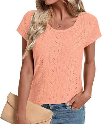 LONGYUAN Womens Summer Shirts Crewneck Short Sleeve Tunic Tops 2026 Dressy Casual Cap Sleeve Blouses