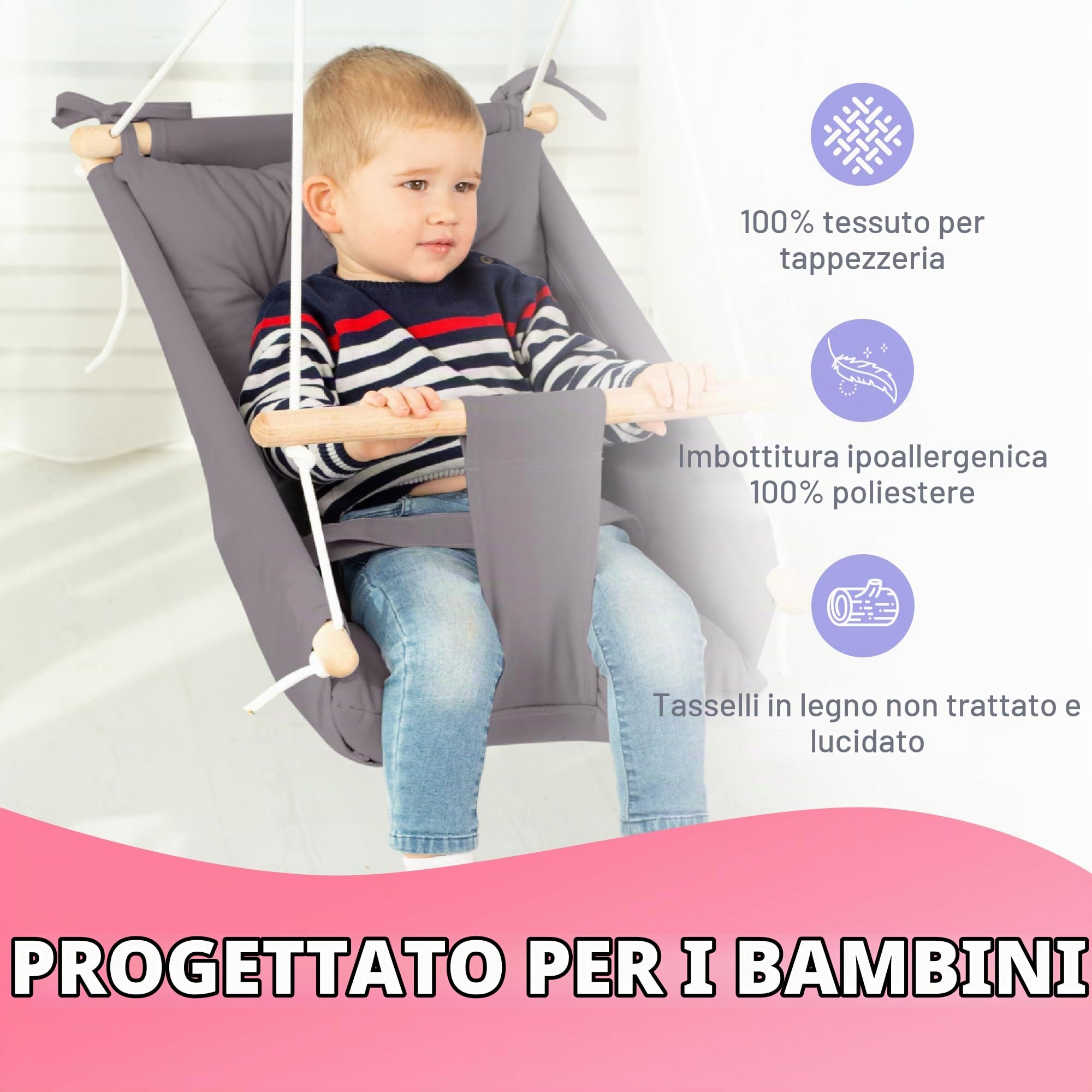 Cateam - Amaca in tela per bambini, altalena sospesa, in legno, con cintura di sicurezza e parti di montaggio, per il compleanno (Grigio Scuro)