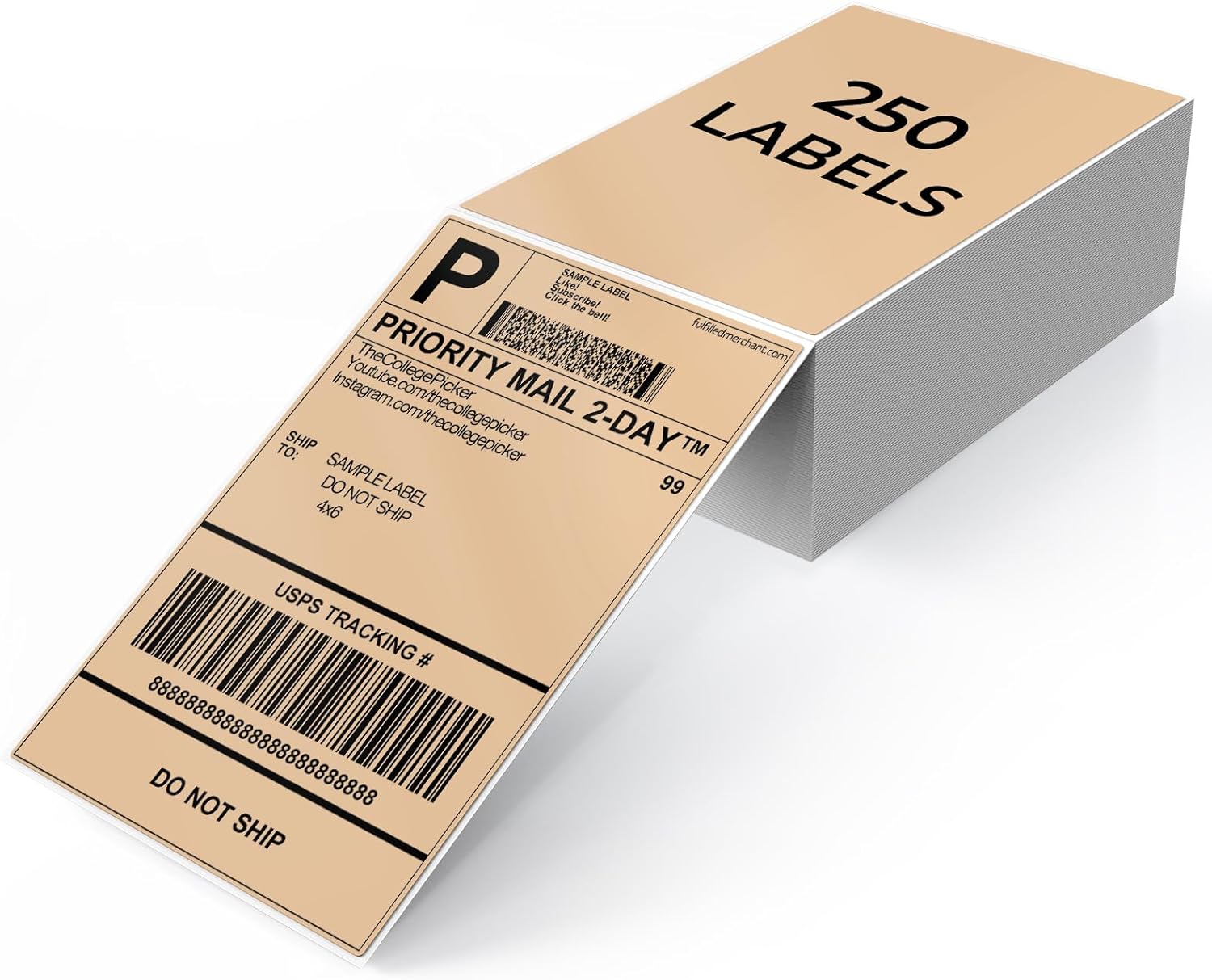 Khaki Shipping Thermal Labels 4 × 6 Inch Vinyl Self-Adhesive Fanfold Direct Stickers Waterproof Perforated Printer Decal for Office Warehouse Home Address 250 PCS