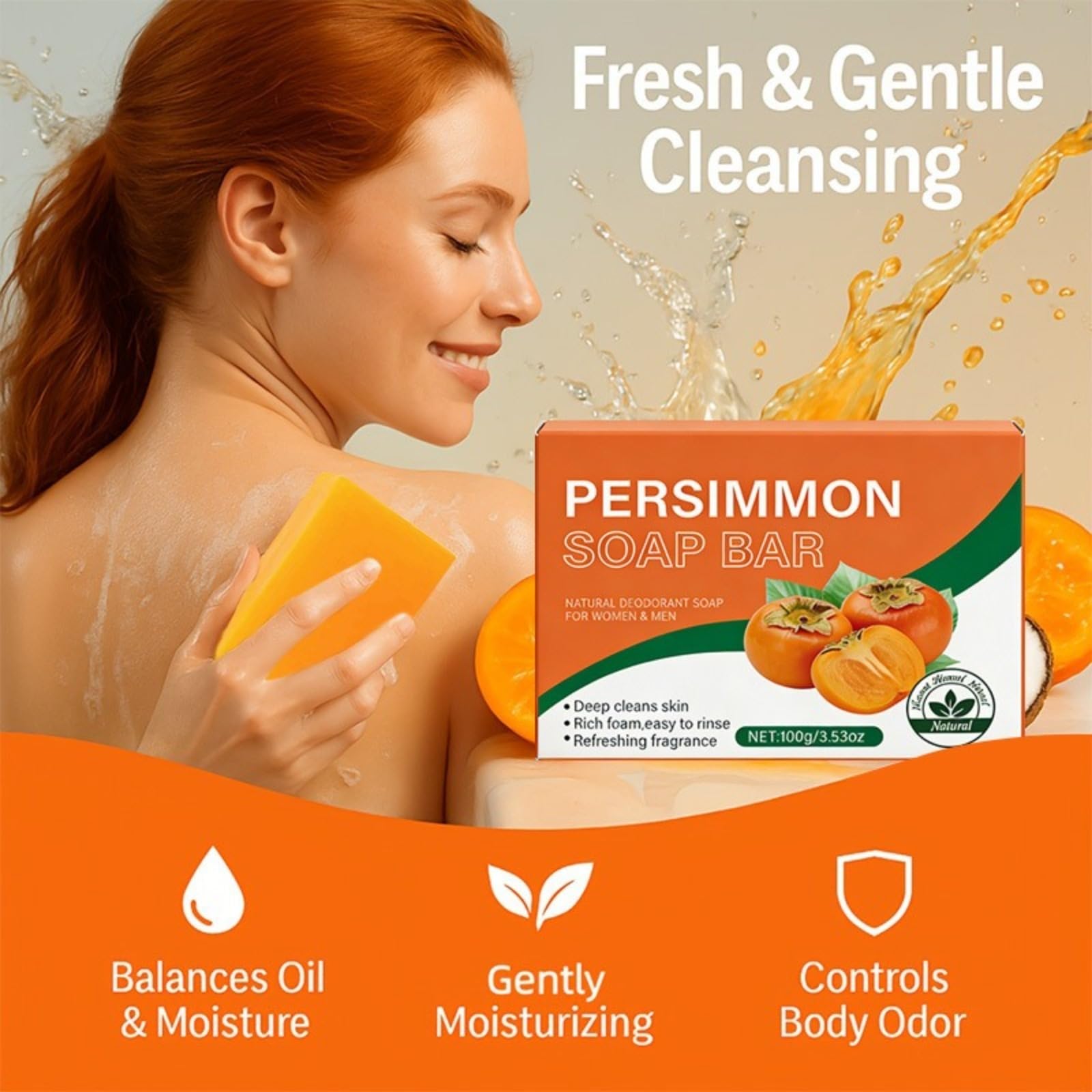 Persimmon Soap Bar, naturalny dezodorant do ciała mydło dla mężczyzn i kobiet, | naturalne mydło do delikatnego i intymnego oczyszczania całego ciała, złuszczająca kontrola zapachu ciała Deep Cleansing Ref