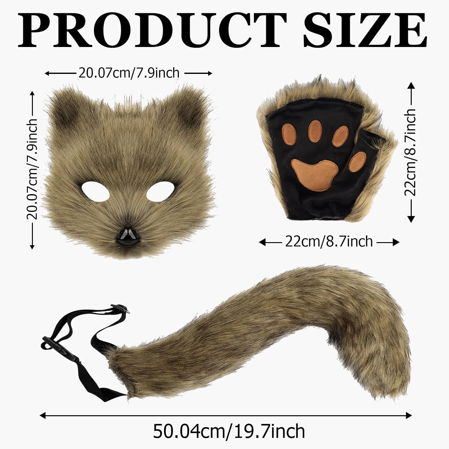 4 Pcs Faux Fur Cat Fox Mask Tail and Paw Set for Adults Men Women, Therian Mask Paws and Tail Set, Plush Masks Fluffy Paw Gloves for Halloween Christmas Party, Grassyellow - Image 2