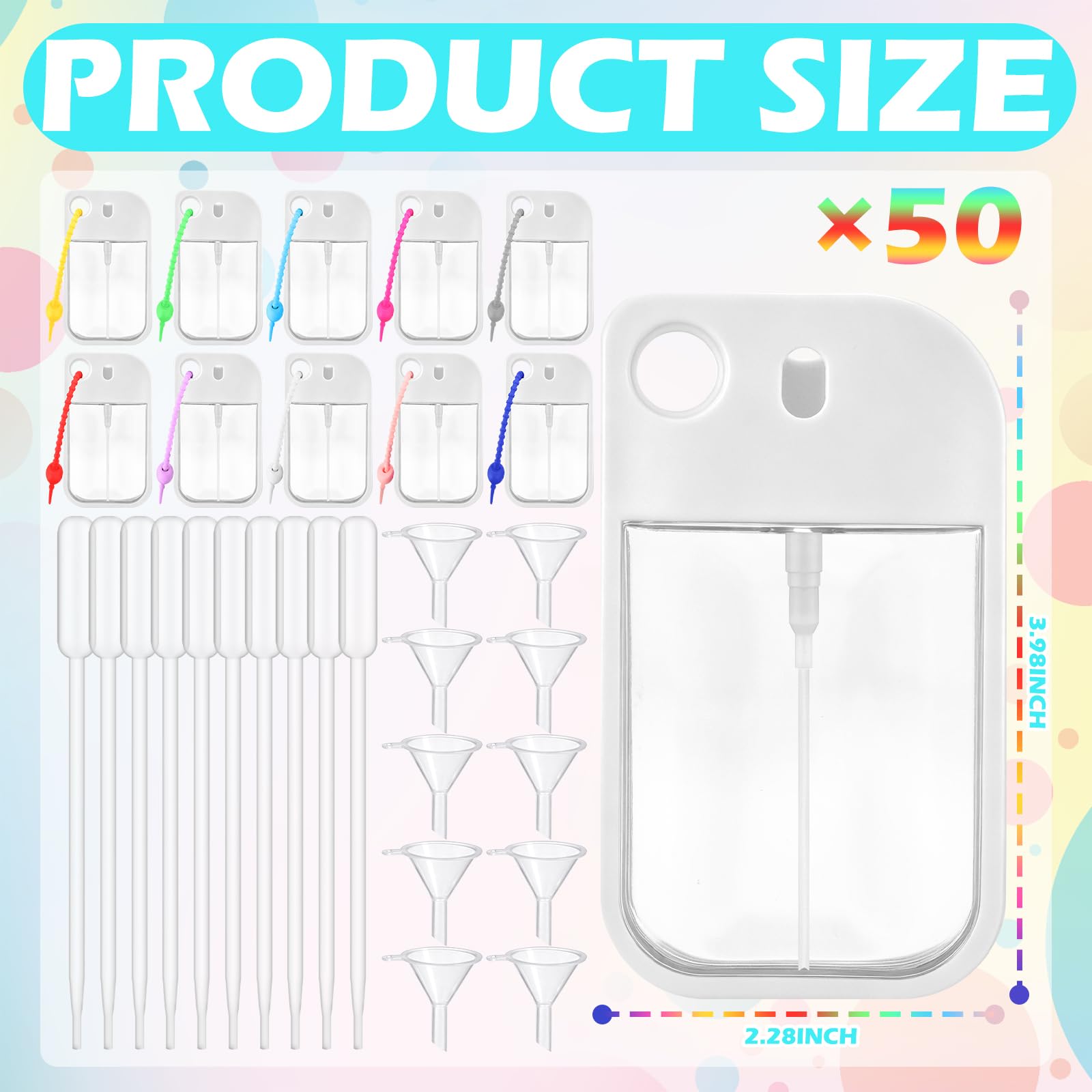 Rtteri Leere Händedesinfektionsmittel-Sprühflasche, Reisegröße, Mini-Händedesinfektionsmittel, Gummi-Umhängeband, tragbar, nachfüllbar, Parfümflasche, Trichter, Tropfer für Geldbörse, Rucksack