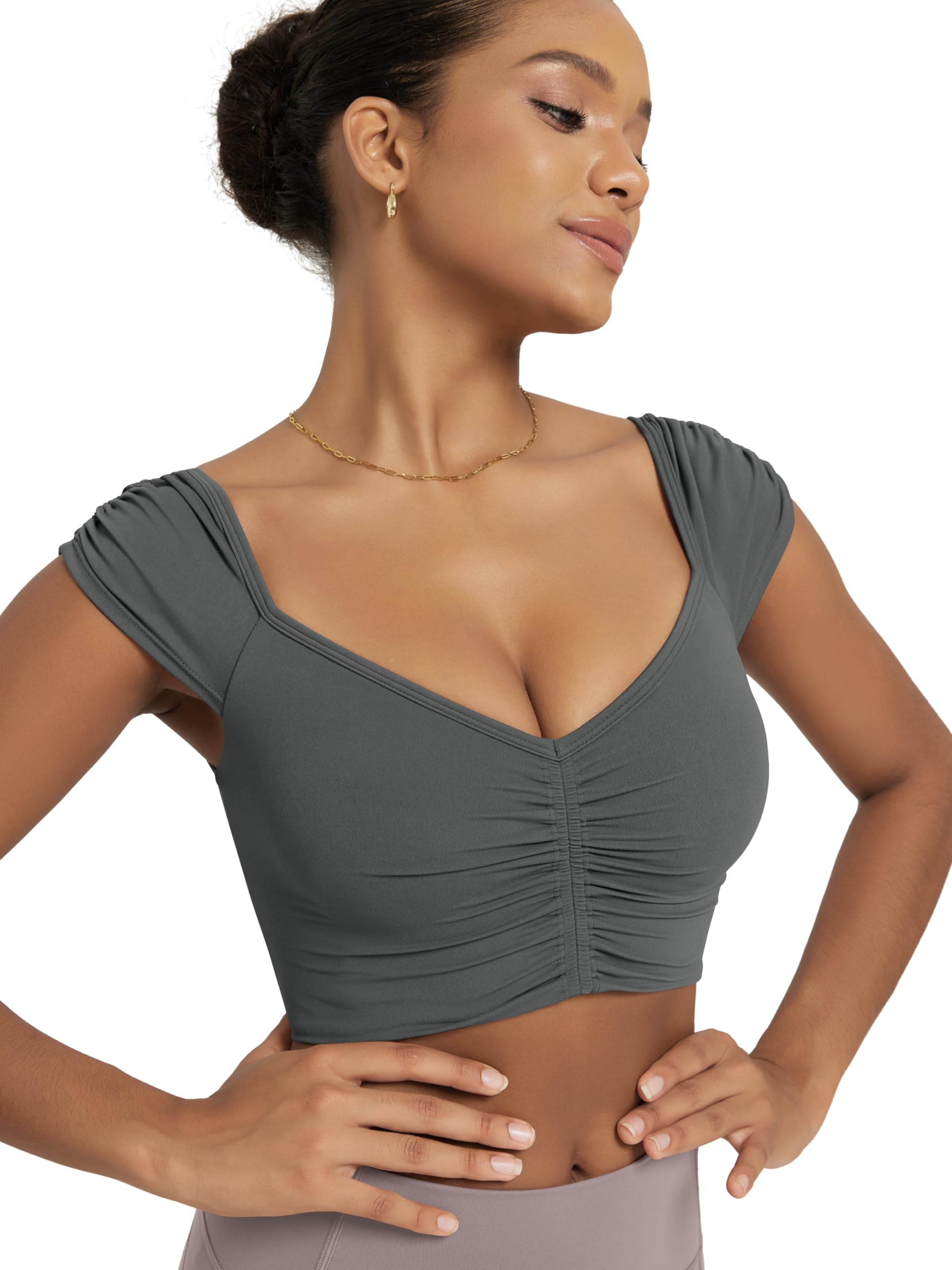ODODOS Ruched Front Crop Tank for Women V-Neck Cut Out Back Cap Sleeve Cropped Tops