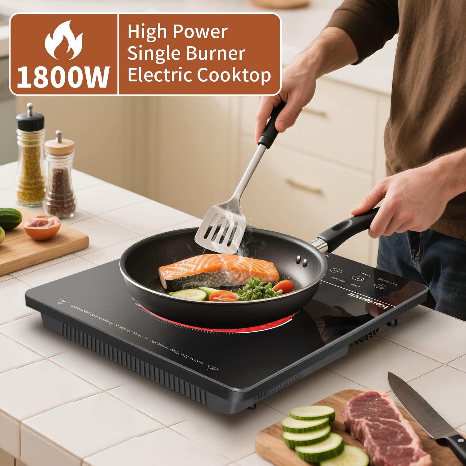 Single Burner Electric Cooktop, Portable Electric Stove 110v with plug, Touch Stove Electric with Safety Lock, Timer, Kitchen Cooking Electric Stove With 9 Power Levels, 1800W