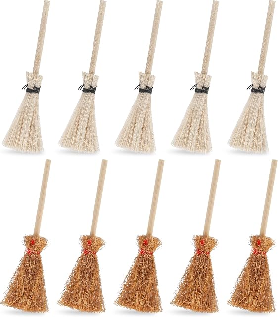 Cobee Dollhouse Miniature Broom, 10Pcs Mini Straw Broom Doll House Furniture Decor Witches Prop Broom Dollhouse Accessories Party Supplies