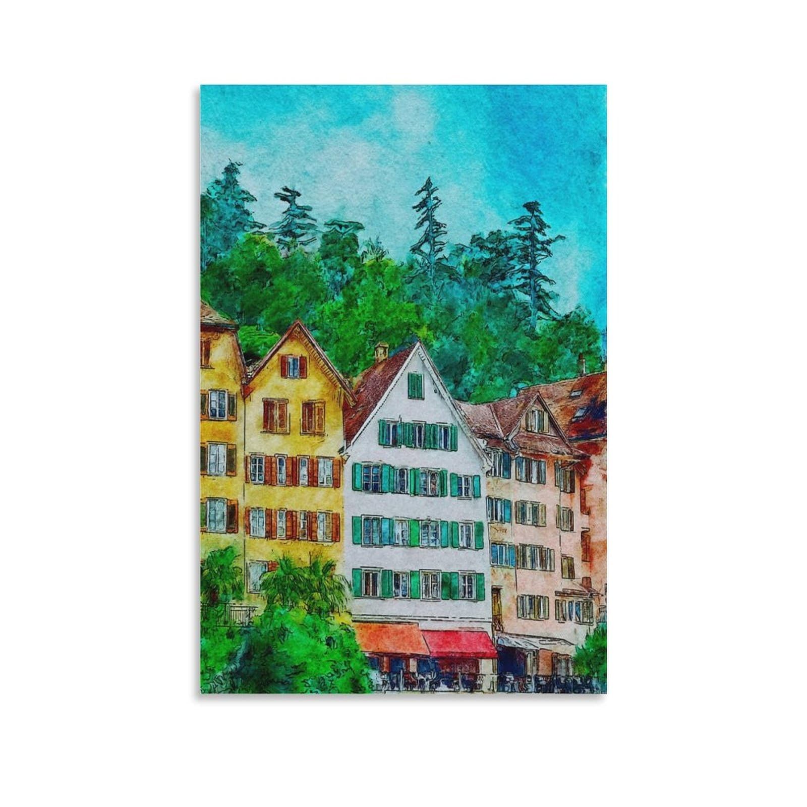 Cnaheiz Unframe-Style Tubingen Germany 24X36inch(60X90cm) Vintage Travel Poster Watercolor Canvas Art