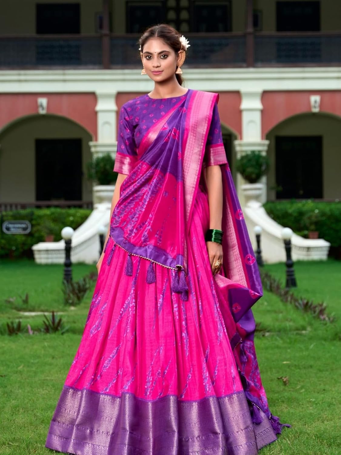 Women’s Wedding Special Shibori Print With Zari Weaving Border Tussar Silk Lehenga Choli Set.