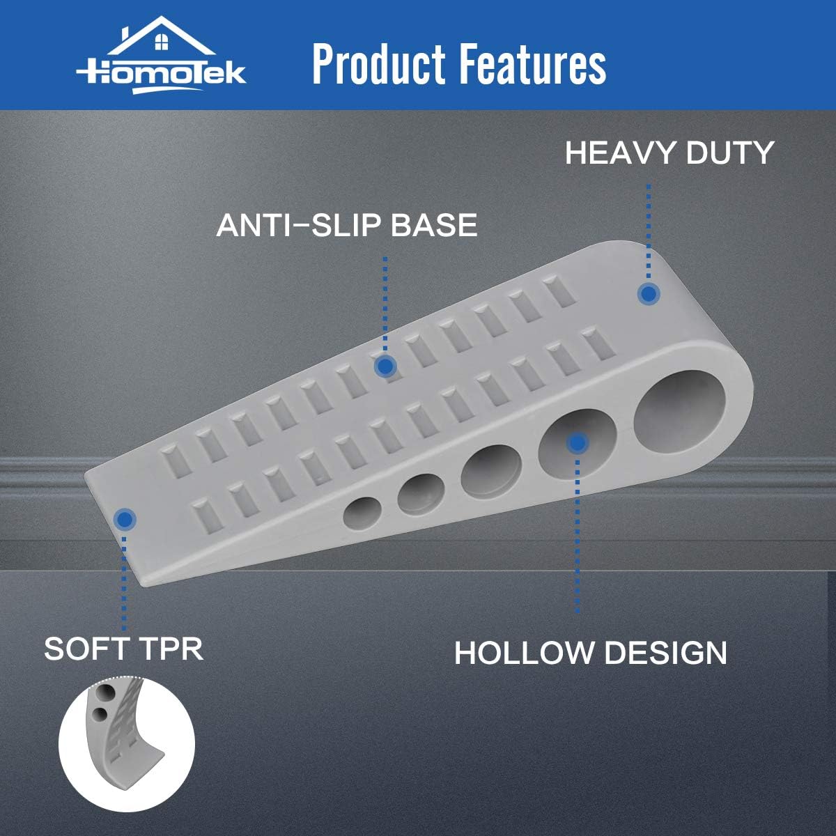 HOMOTEK 2 Pack Wedge Rubber Door Stoppers Grey Wall Protector for Floor & Bottom of Door with Self Adhesive White Holder, 5"x1-9/16"x1-5/16" Heavy Duty Door Stops (Gray) : Office Products