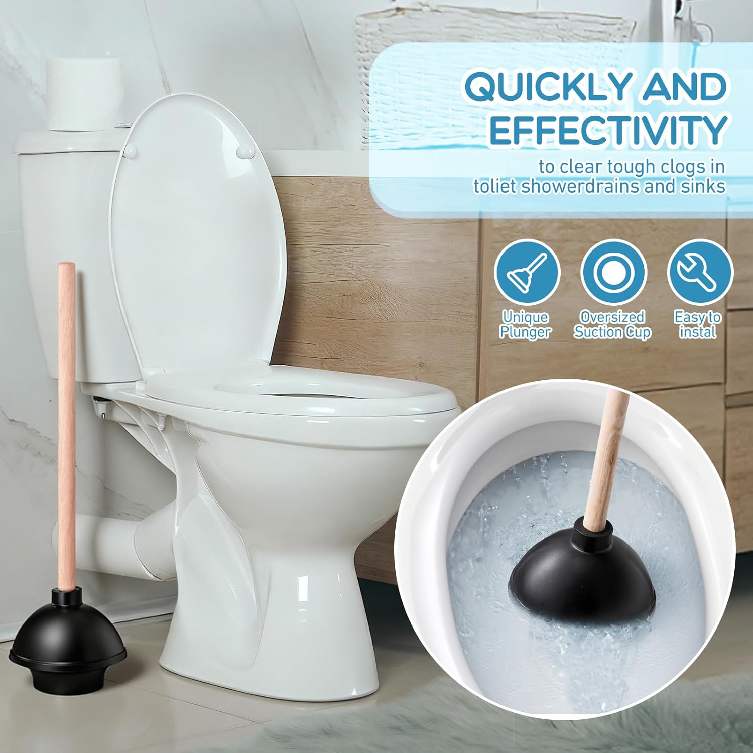 20 Pack Heavy Duty Toilet Plunger Bulk with 17 Inch Long Handle for Bathroom Dual Thrust Force Suction Cup Rubber Toilet Bowl Plunger with Wood Handle Clogged Solution for Hotel Drain Clogs