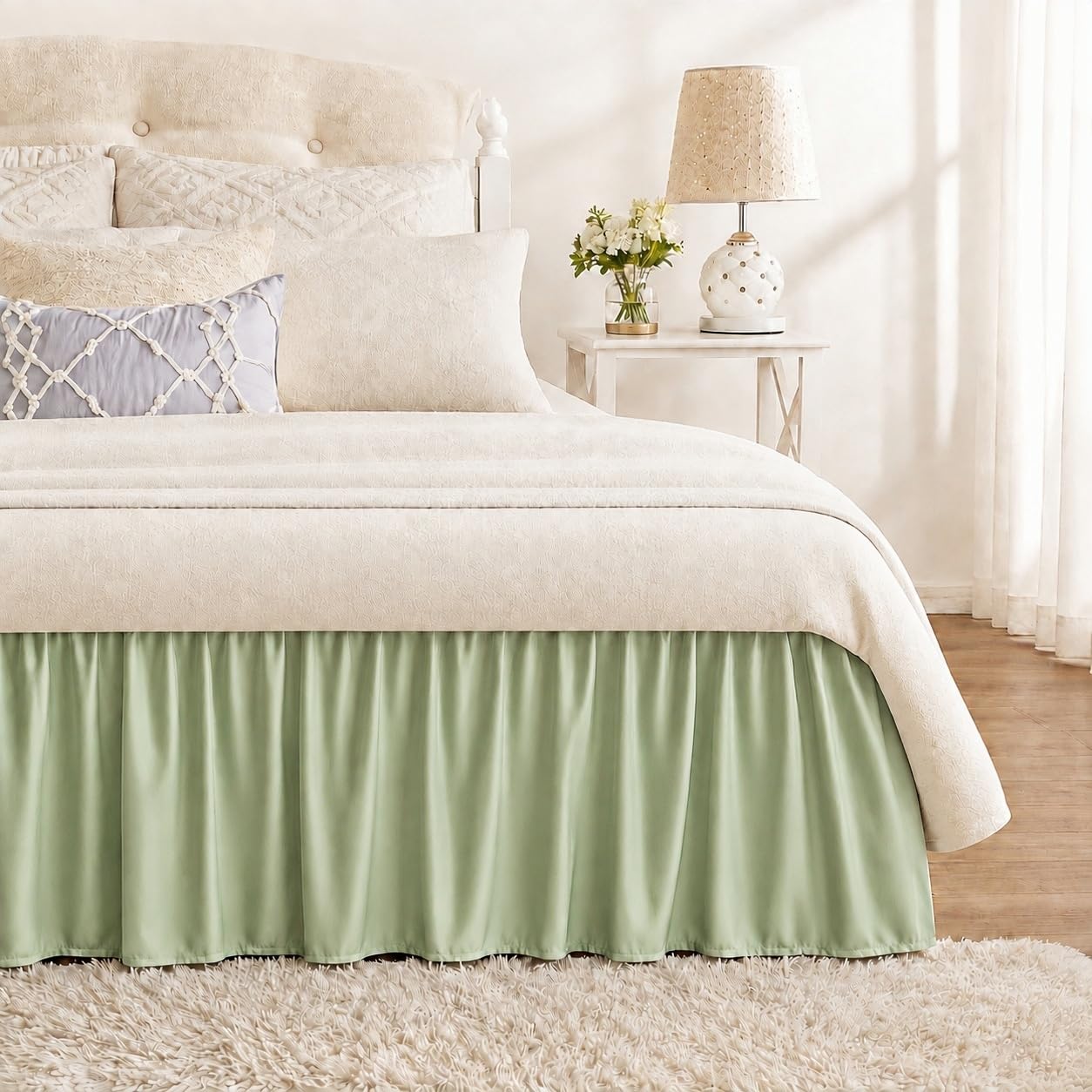 Matcha Green Bed Skirt Queen Size 15" Drop, Elastic Wrap Around Bedskirt