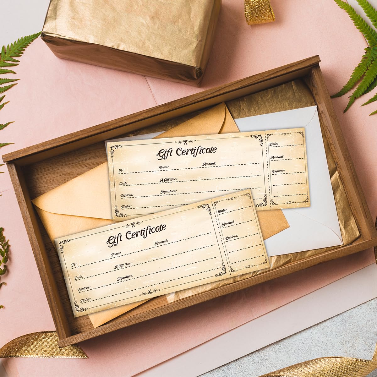 50 Sets Gift Certificates for Business, Blank Gift Cards Certificates with Envelopes, Gifts for Salon Restaurants Spa Marriage Birthday Christmas Client Vouchers - Retro Style