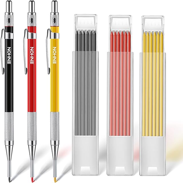 [NEW] Enhon 3 Pcs Carpenter Pencils with 39 Refills, Deep Hole Mechanical Woodworking Construction Pencil with Built in Sharpener, Black Red Yellow Carpentry Marking Scribe Tools for Architect Draft