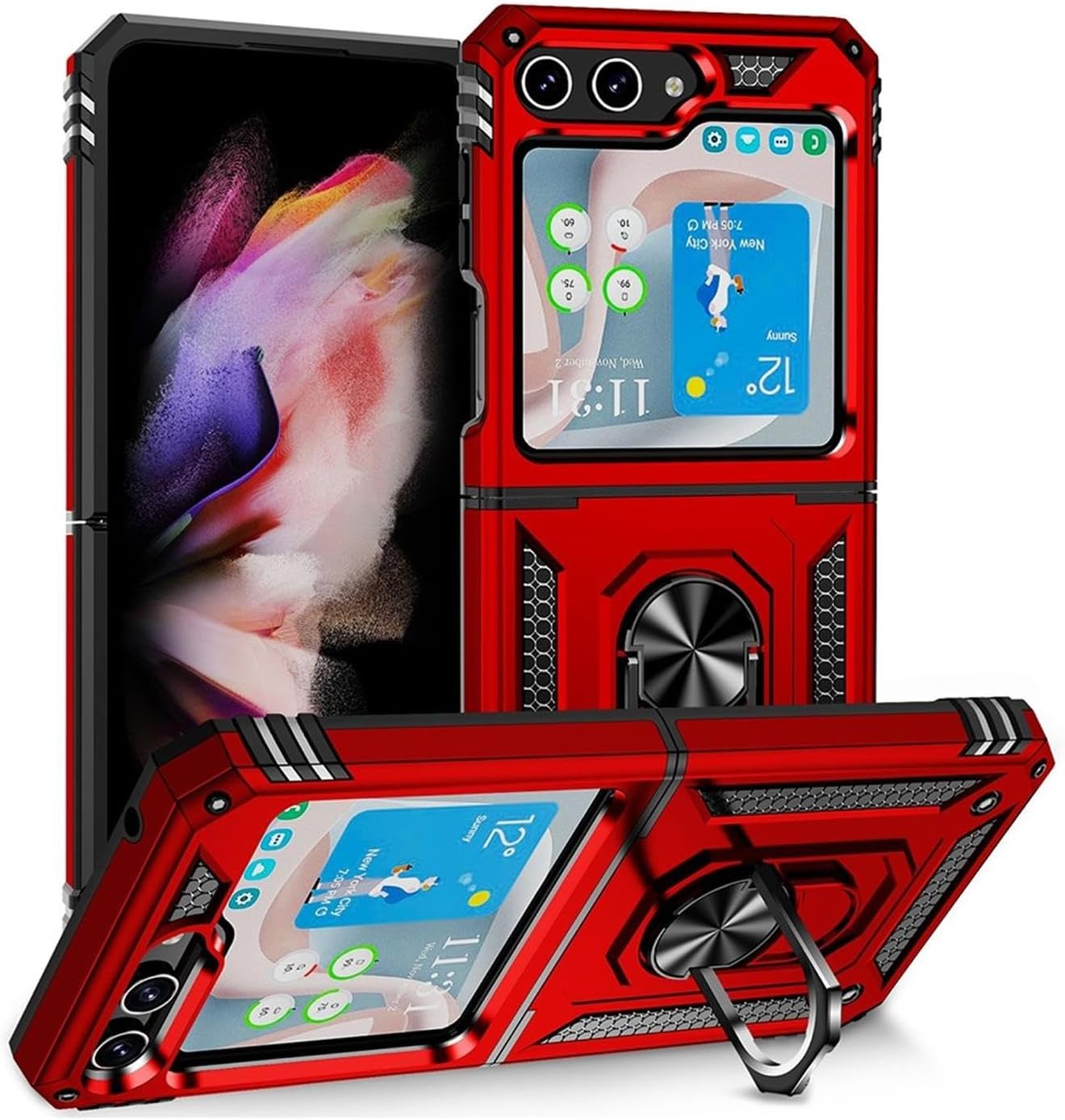 Coque galaxy z flip 6 – Verco Hybrid Armor Shield Coque pour Samsung Galaxy Z Flip 6, coque de protection extrêmement robuste avec anneau magnétique et béquille pour Galaxy Z Flip 6 5G – Rouge