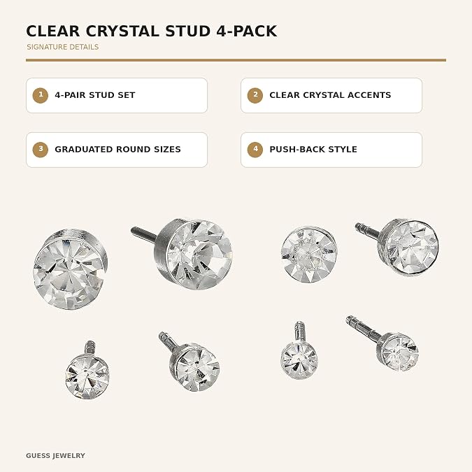 Guess Cubic Zirconia Stud Earring Set, Silvertone, 4-Pack