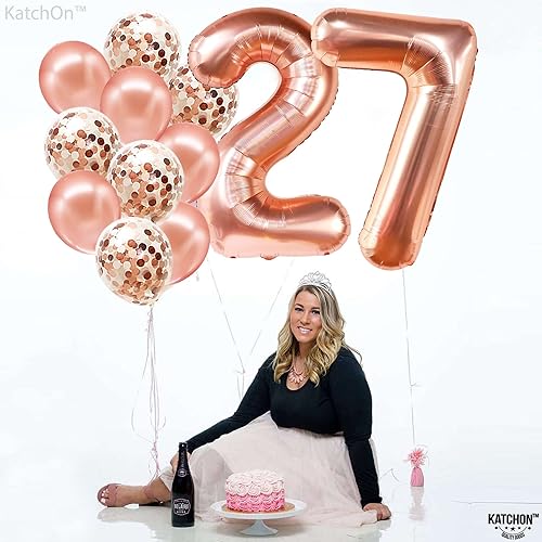 Miniatura 8 de KatchOn, Globos gigantes de oro rosa con el número 27, 40 pulgadas, decoraciones de cumpleaños 27 para mujeres, globos de cumpleaños 27 para mujer,