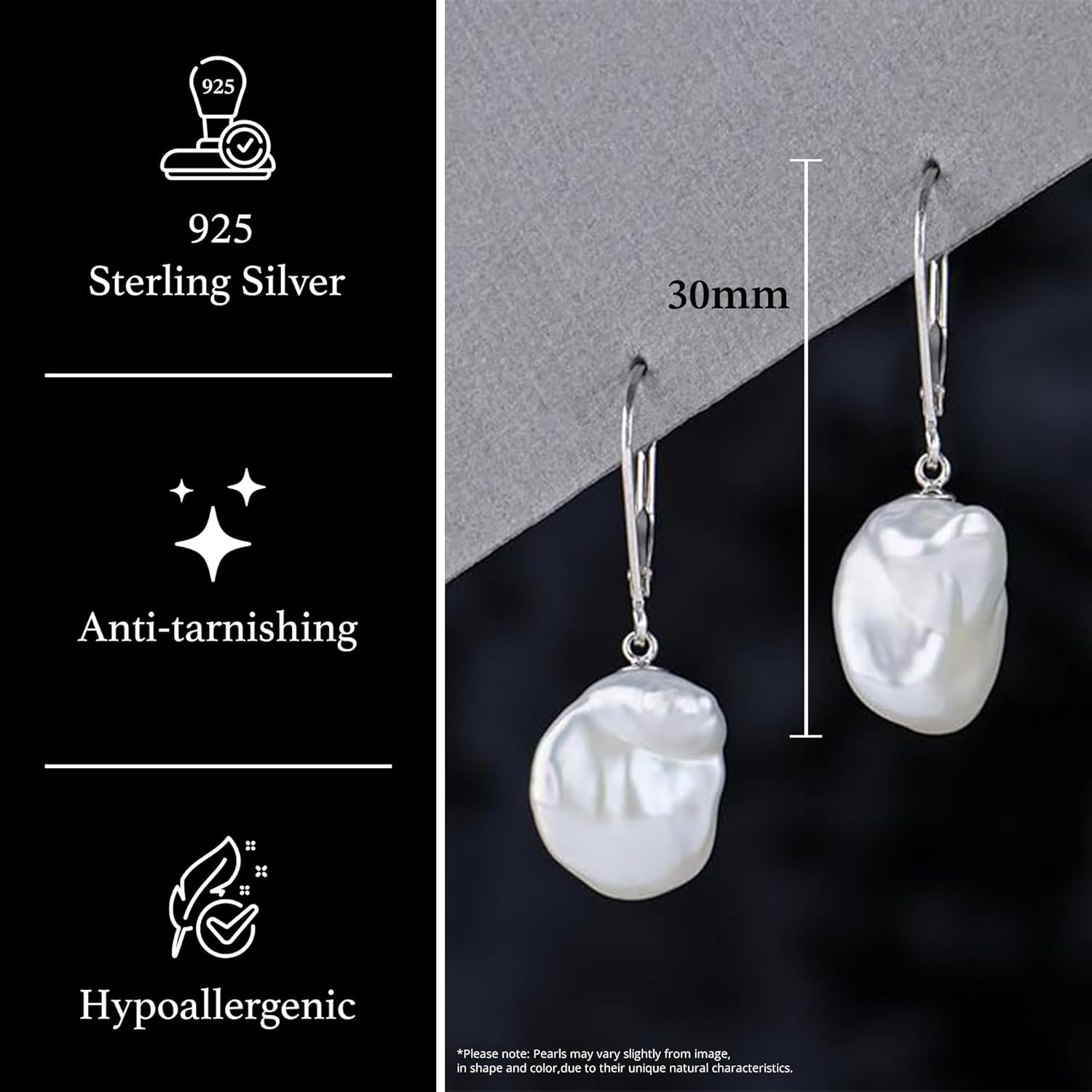 Lever-back Dangling Earrings with White Baroque Freshwater Cultured Pearls 10-12mm