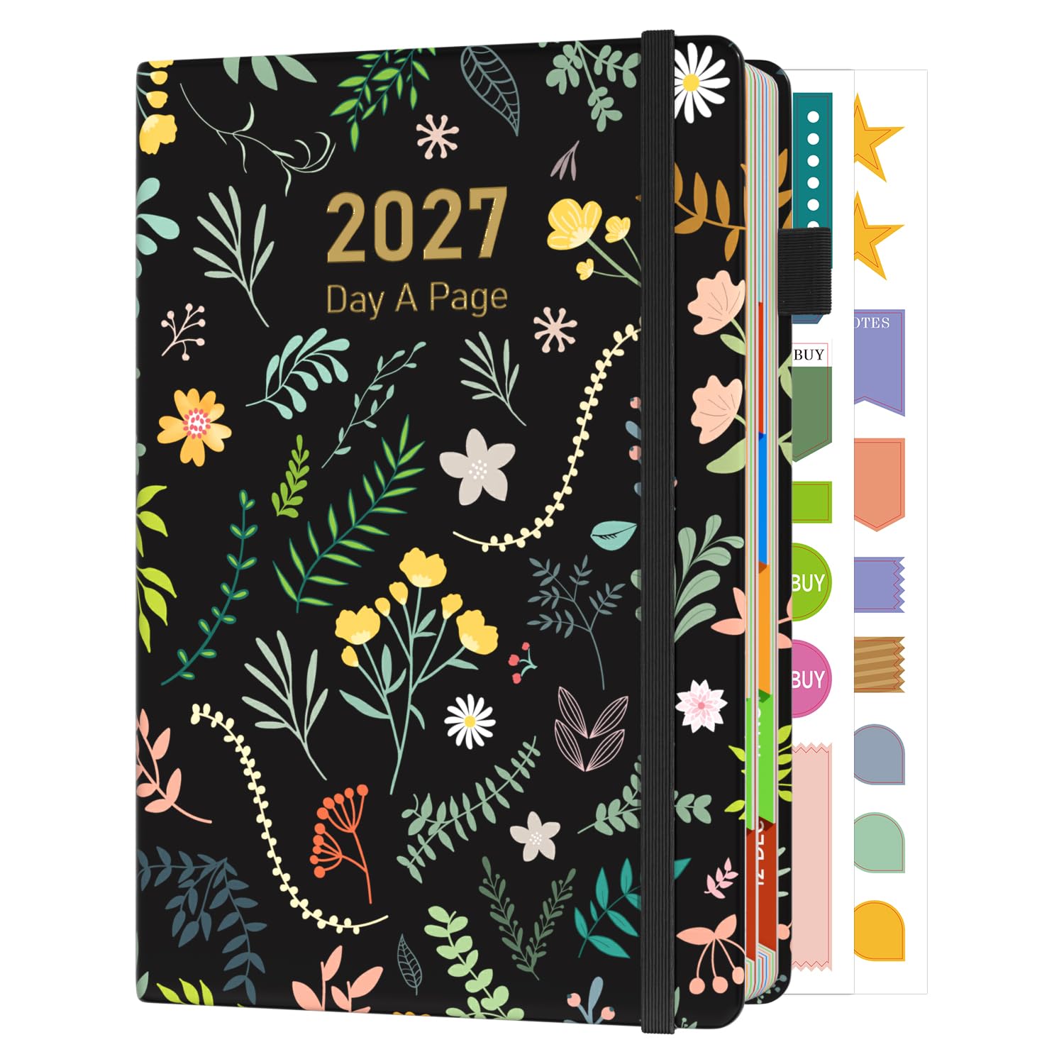 Sailingvan 2027 Diary A5 Page a Day, January -December 2027, Leather Agenda Daily Planner Productivity Stickers, Monthly Overview with Colorful Tabs, Elastic Strap, Pen Loop & Pocket (8.5'' x 5.8'')